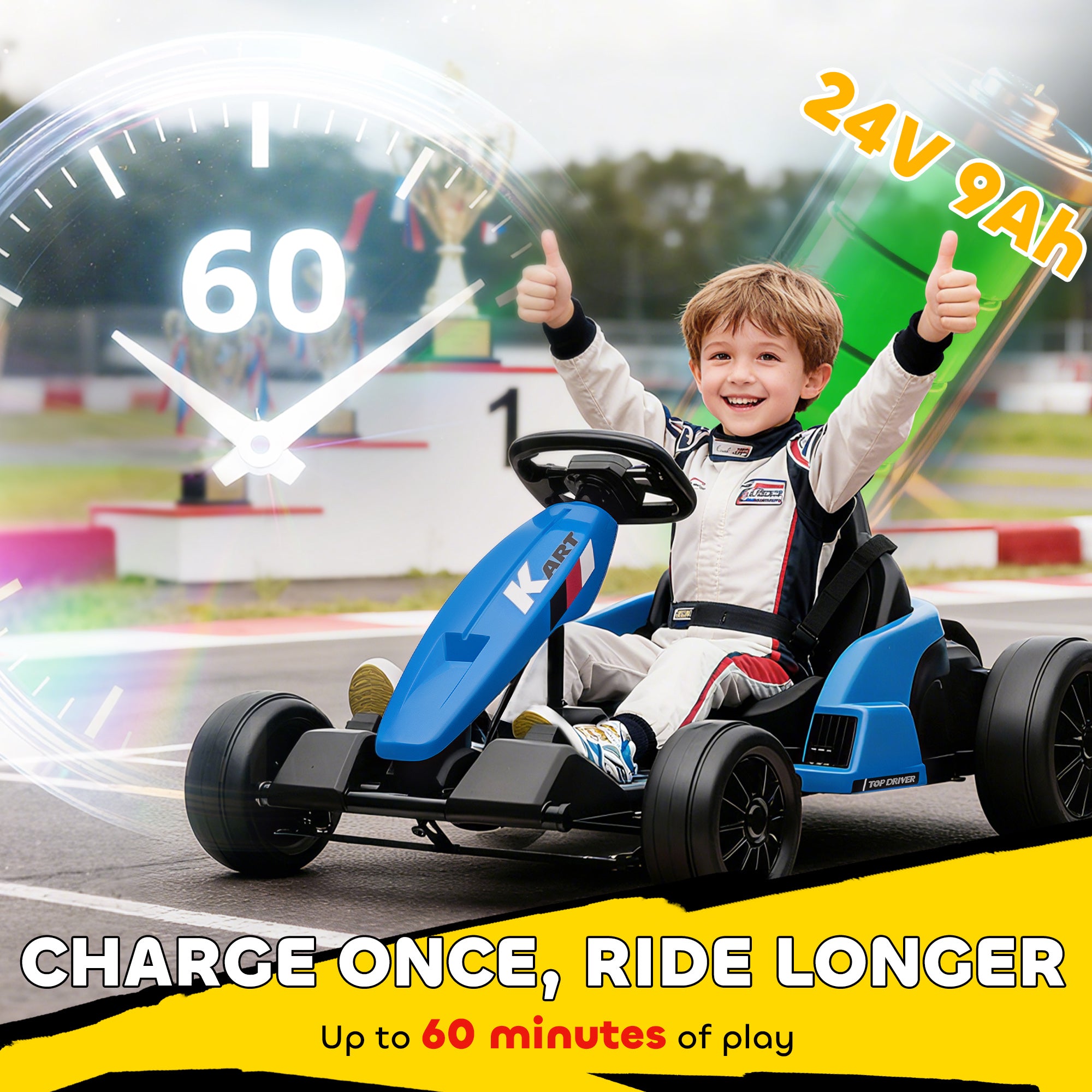 Qaba 24V Electric Go Kart with Dual 150W Motors, Adjustable Seat & 11.2MPH High Speed, Slow Start, 5-Point Harness, Blue