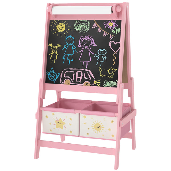 Qaba Art Easel for Kids, Double-Sided Whiteboard & Chalkboard with Paper Roll, Storage Baskets for Toddlers Ages 3-8