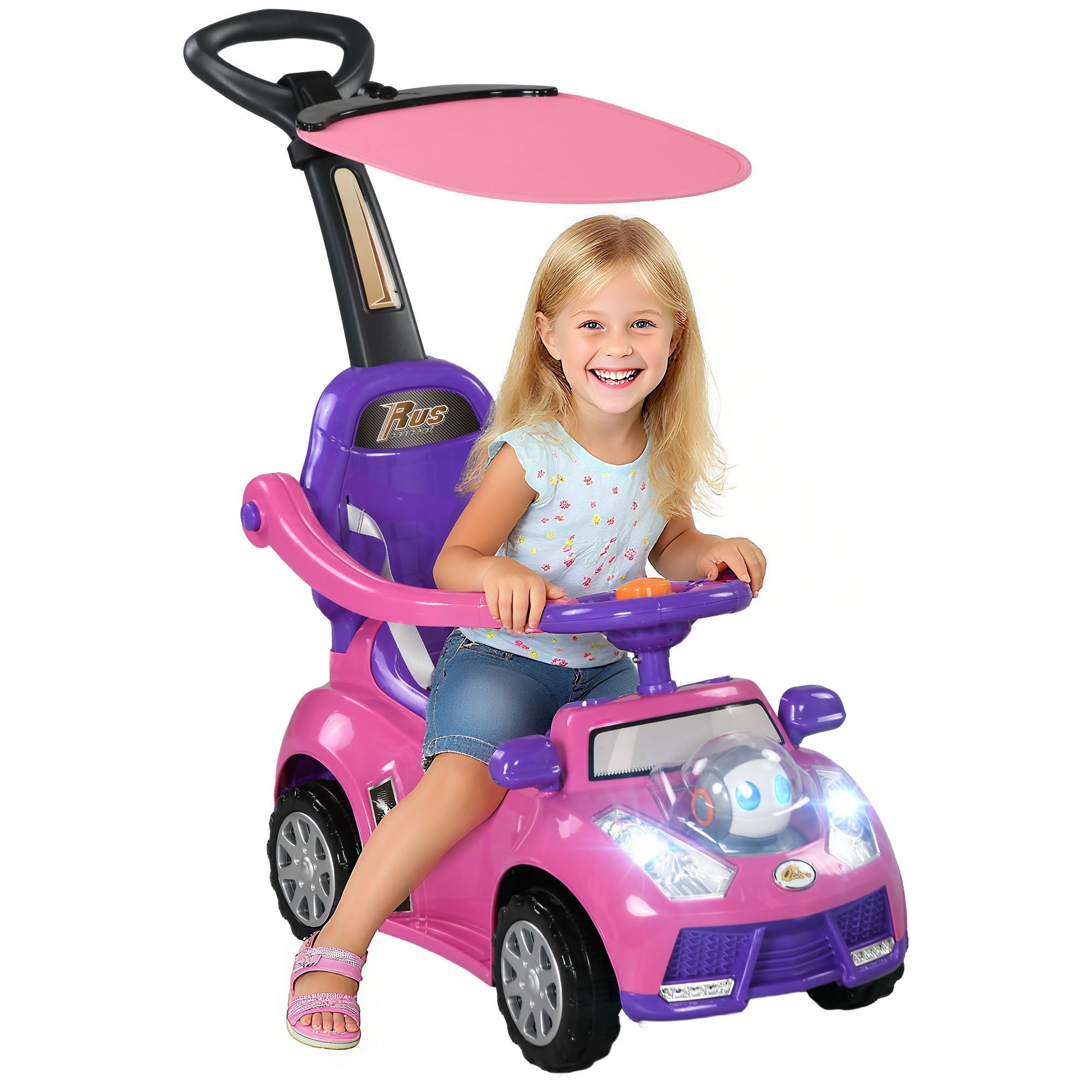 Qaba 3 in 1 Push Car Sliding Car with Removable Handle, Music, Horn, Canopy, Safety Guardrail, Pink