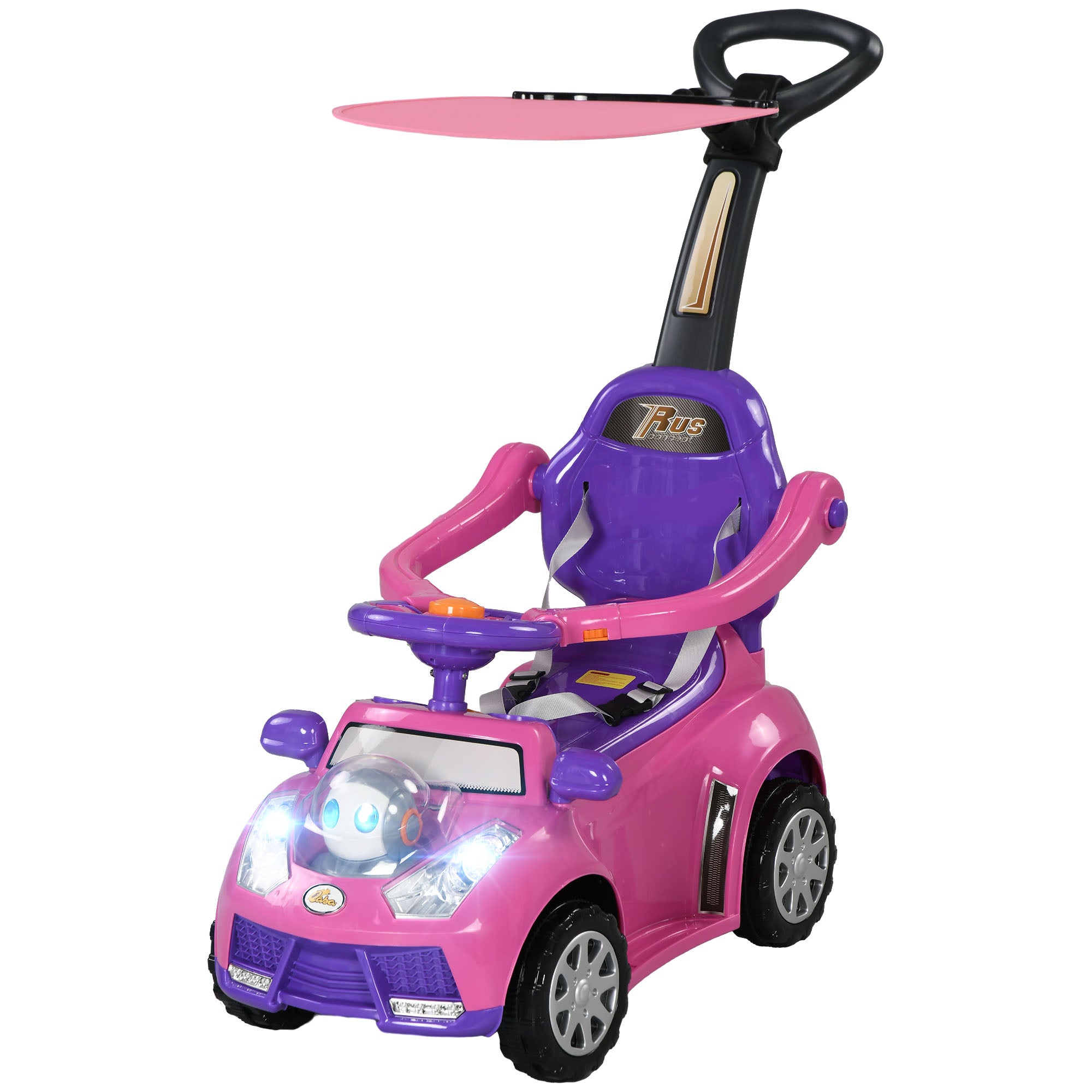 3 in 1 Push Car Sliding Car with Removable Handle, Music, Horn, Canopy, Safety Guardrail - SKU: 370-318V00RD