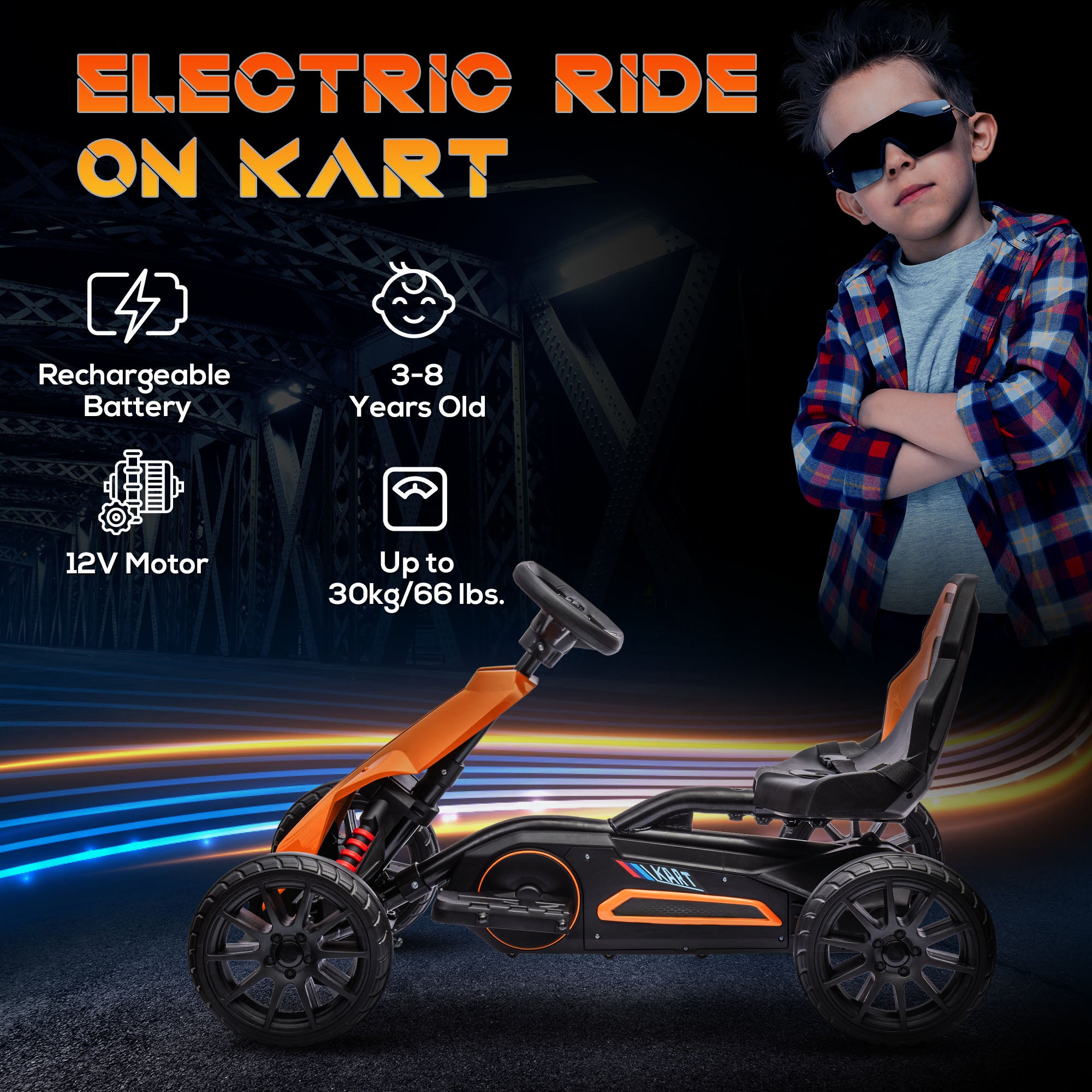 Aosom 12V Electric Go Kart for Kids, Ride On Toy with EVA Tires, 2 Speeds, Adjustable Seat, Safety Belt for 3-8 Years, Orange