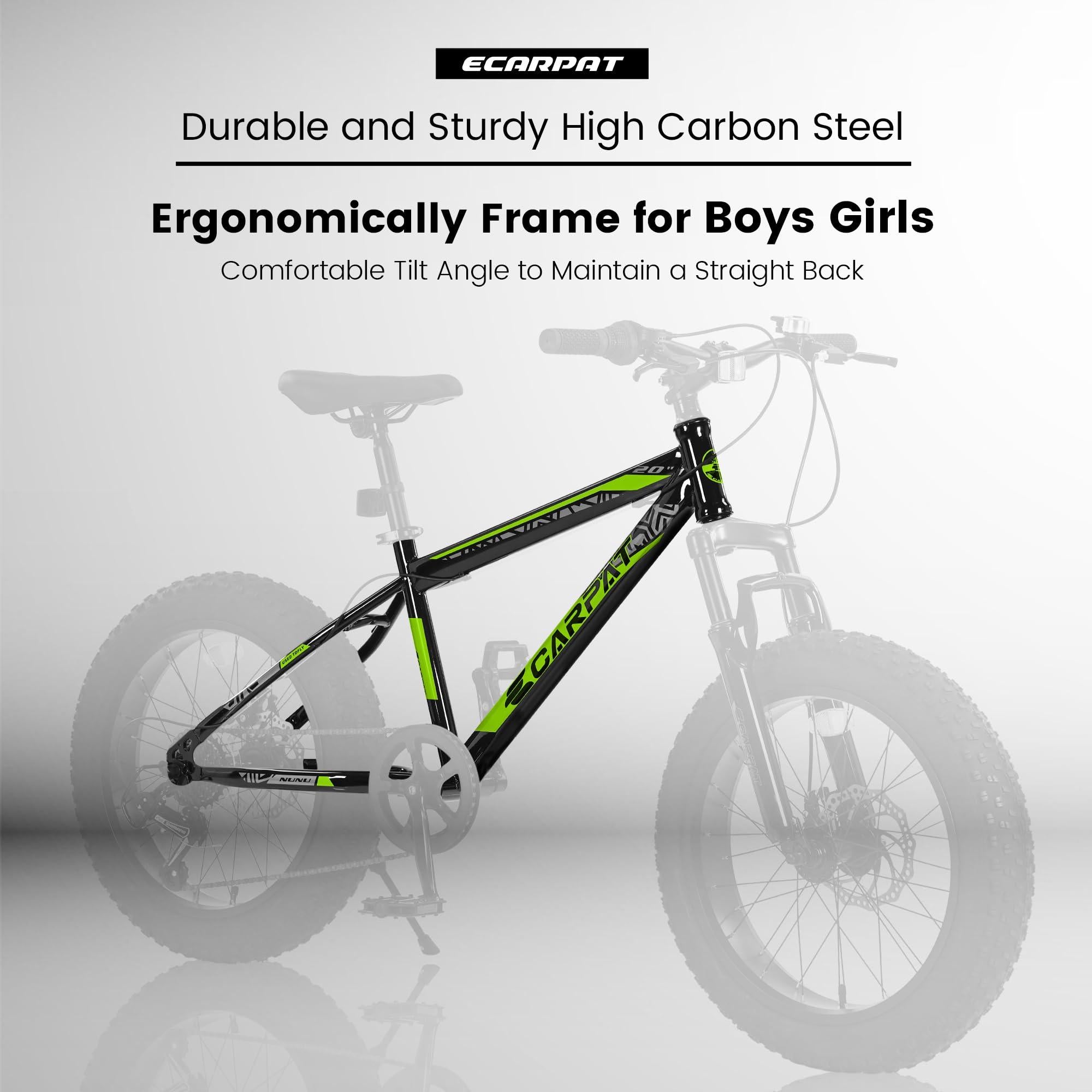 20\\" Kids\' Fat Tire Mountain Bike with 7-Speed Drivetrain, and Shock-Absorbing Front Fork, for Ages 8-12, 63\\" L x 24.5\\" W x 35\\" H, Blackish Green