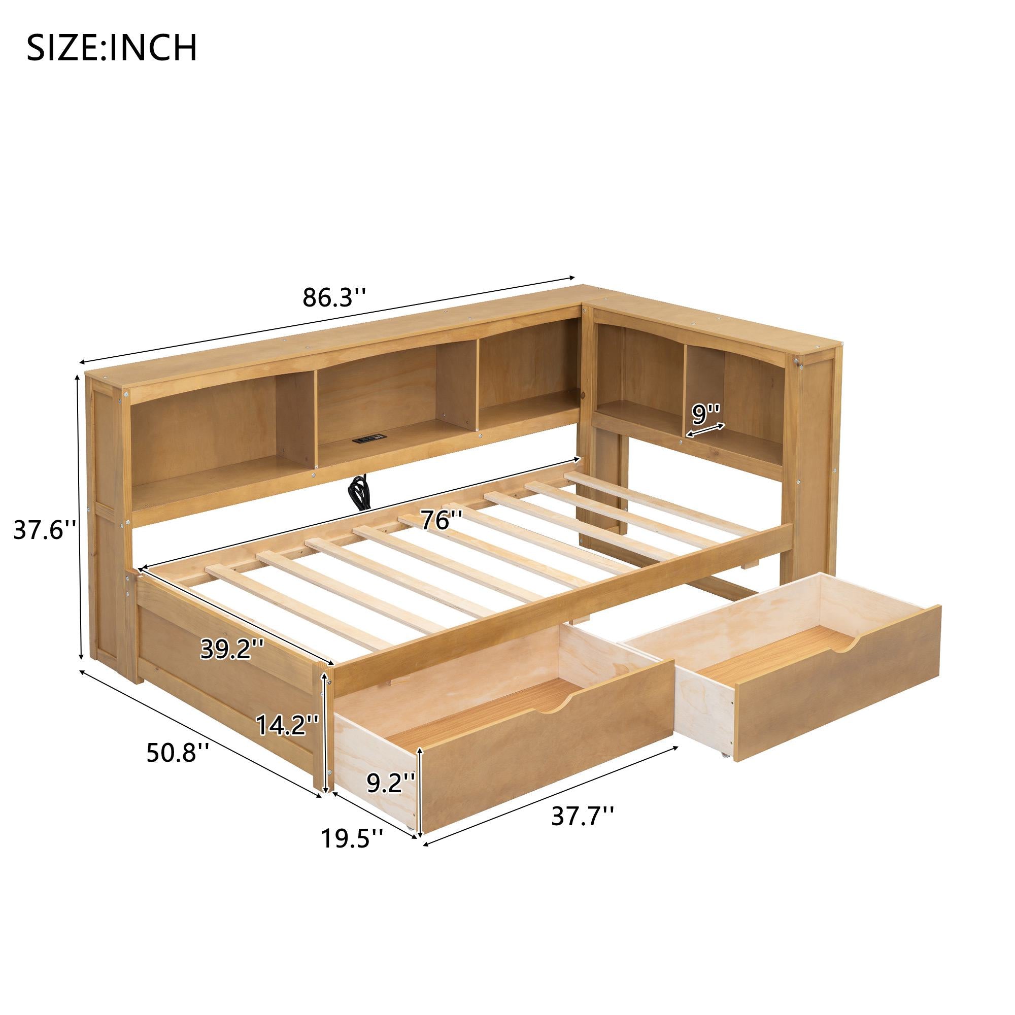Vinsetto Twin Size Daybed with 2 Storage Drawers, Storage Cabinets, USB Ports, Solid Wood and MDF, 86\\" L x 51\\" W x 37.5\\" H, Wood