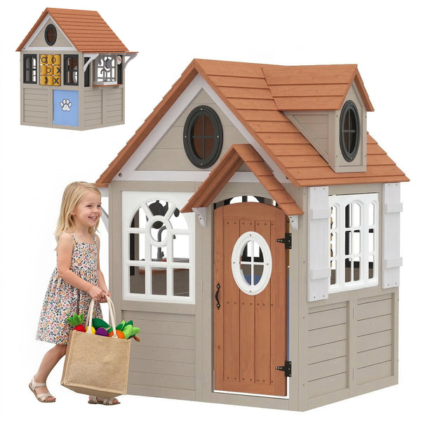 Qaba Outdoor Playhouse, Wooden Kids Playhouse with Dog Door, Cookware, Blackboard, Clock, Tic-Tac-Toe Roller for Backyard