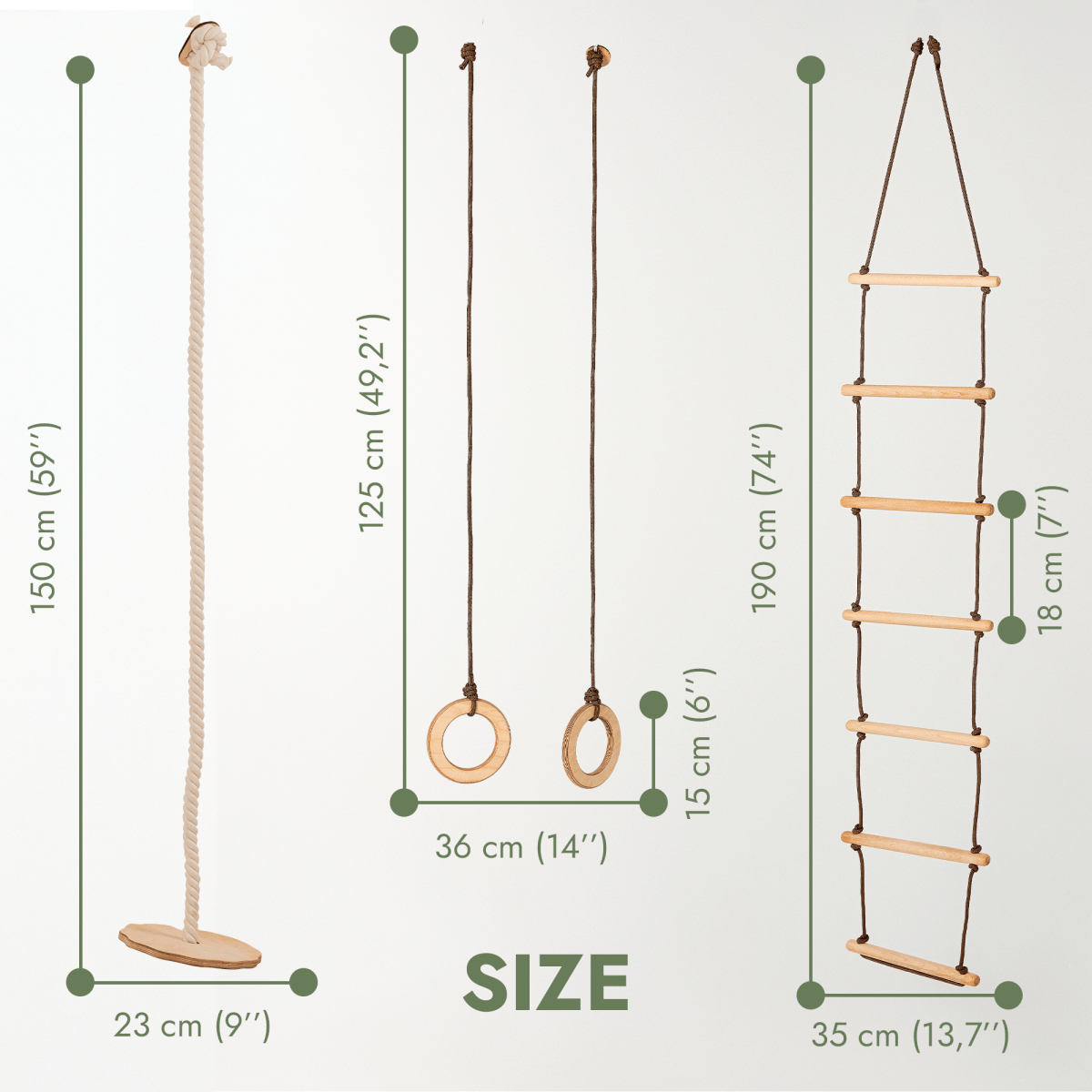 3in1 Swings Set: Rope Ladder + Gymnastic Rings + Disc Rope Swing - SKU: SS-RL-GR-DSR-CA