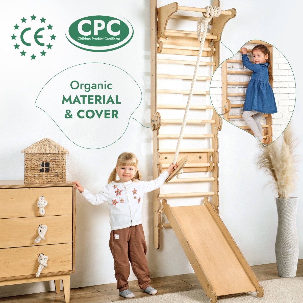 6in1: Wooden Swedish Wall / Climbing ladder for Children + Swing Set + Slide Board - SKU: 3IN1SWCSB-CA