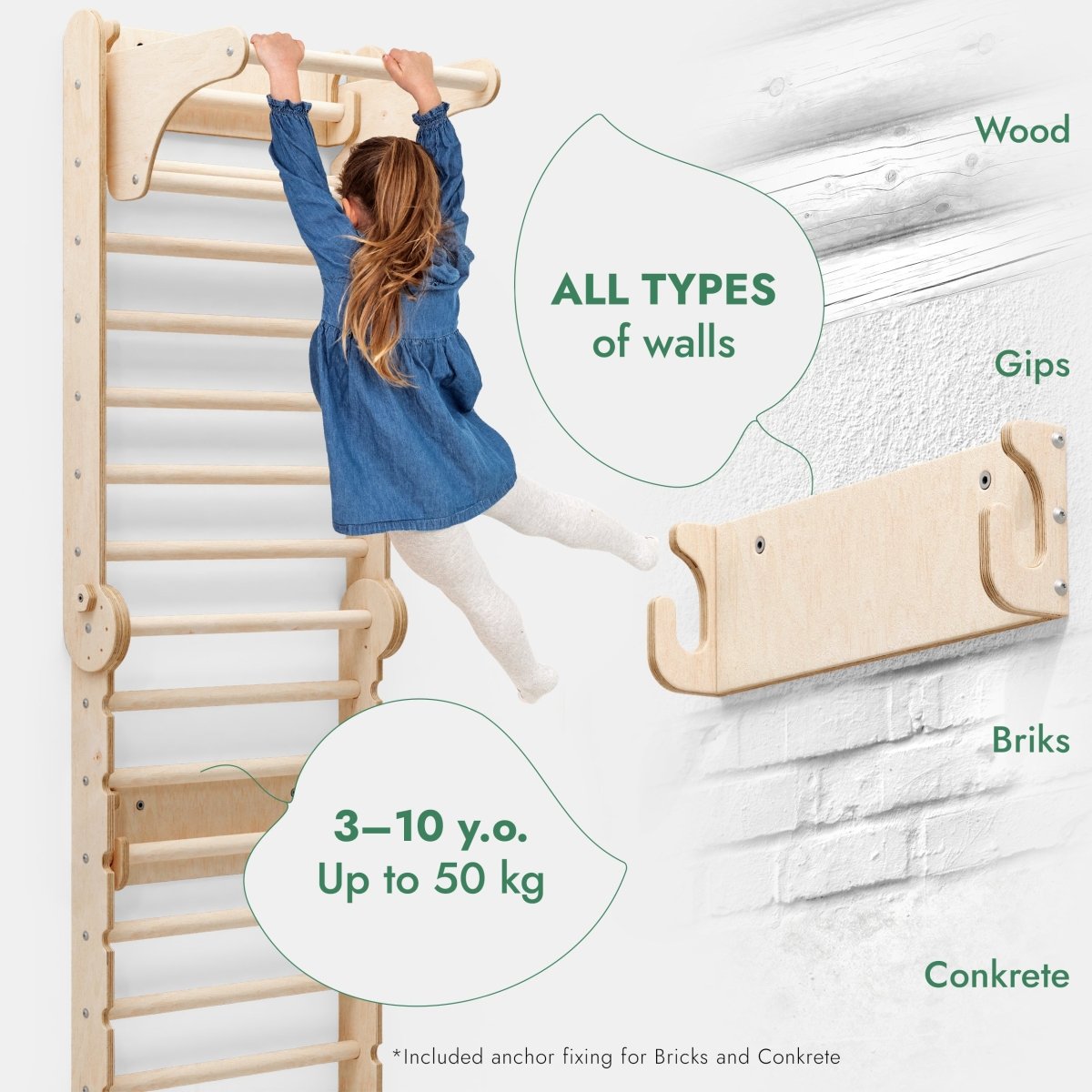 6in1: Wooden Swedish Wall / Climbing ladder for Children + Swing Set + Slide Board - SKU: 3IN1SWCSB-CA