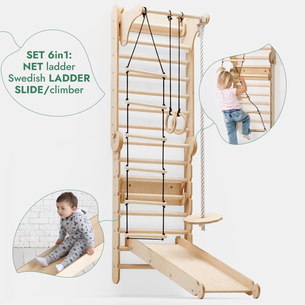 6in1: Wooden Swedish Wall / Climbing ladder for Children + Swing Set + Slide Board - SKU: 3IN1SWCSB-CA