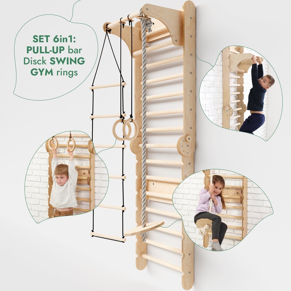 6in1: Wooden Swedish Wall / Climbing ladder for Children + Swing Set + Slide Board - SKU: 3IN1SWCSB-CA