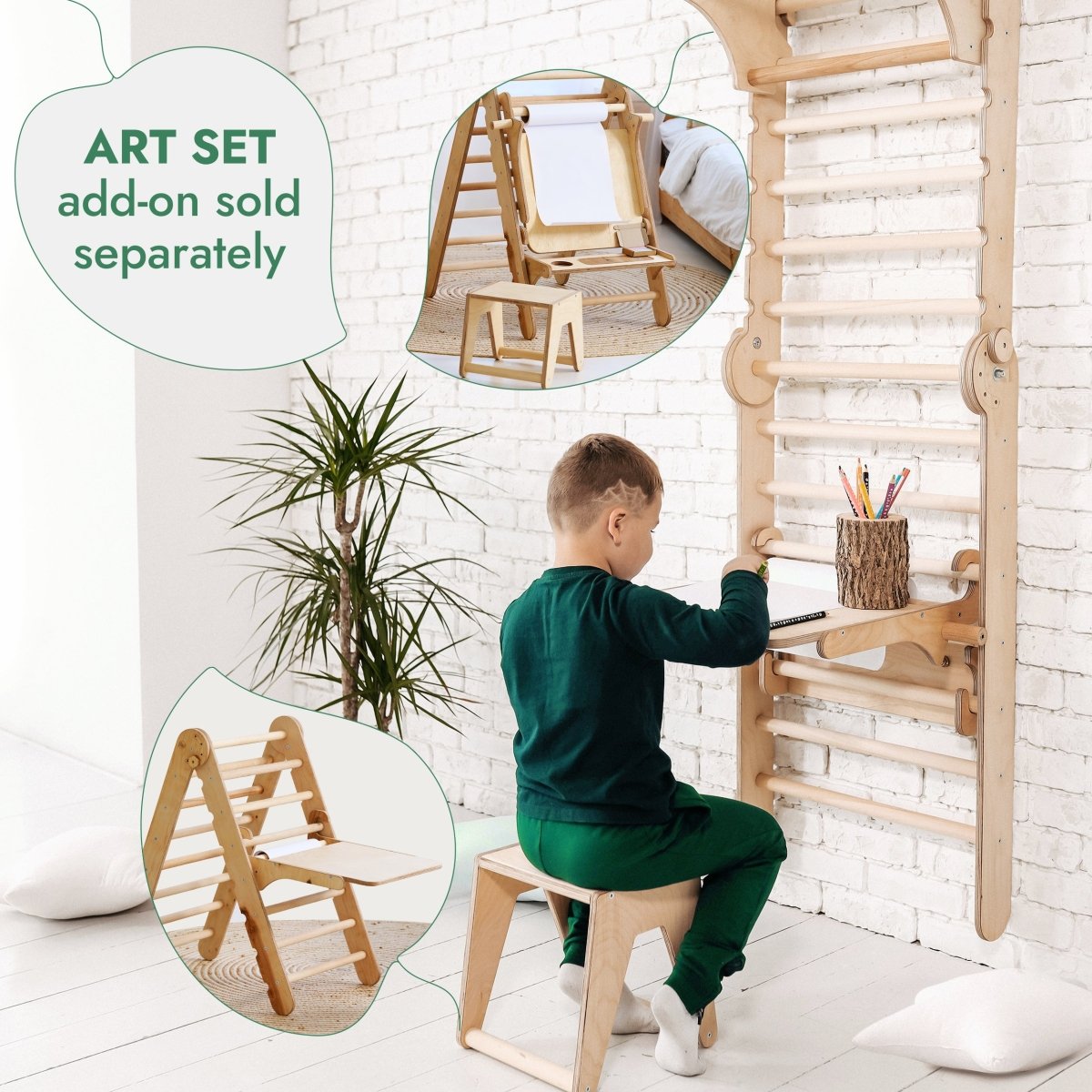 6in1: Wooden Swedish Wall / Climbing ladder for Children + Swing Set + Slide Board - SKU: 3IN1SWCSB-CA