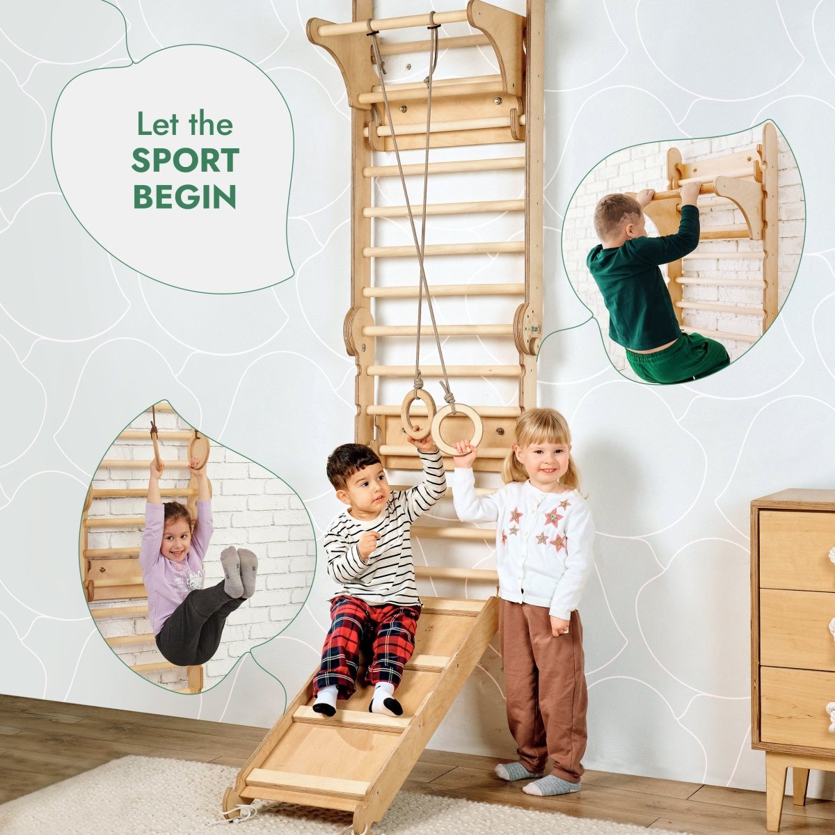 6in1: Wooden Swedish Wall / Climbing ladder for Children + Swing Set + Slide Board - SKU: 3IN1SWCSB-CA