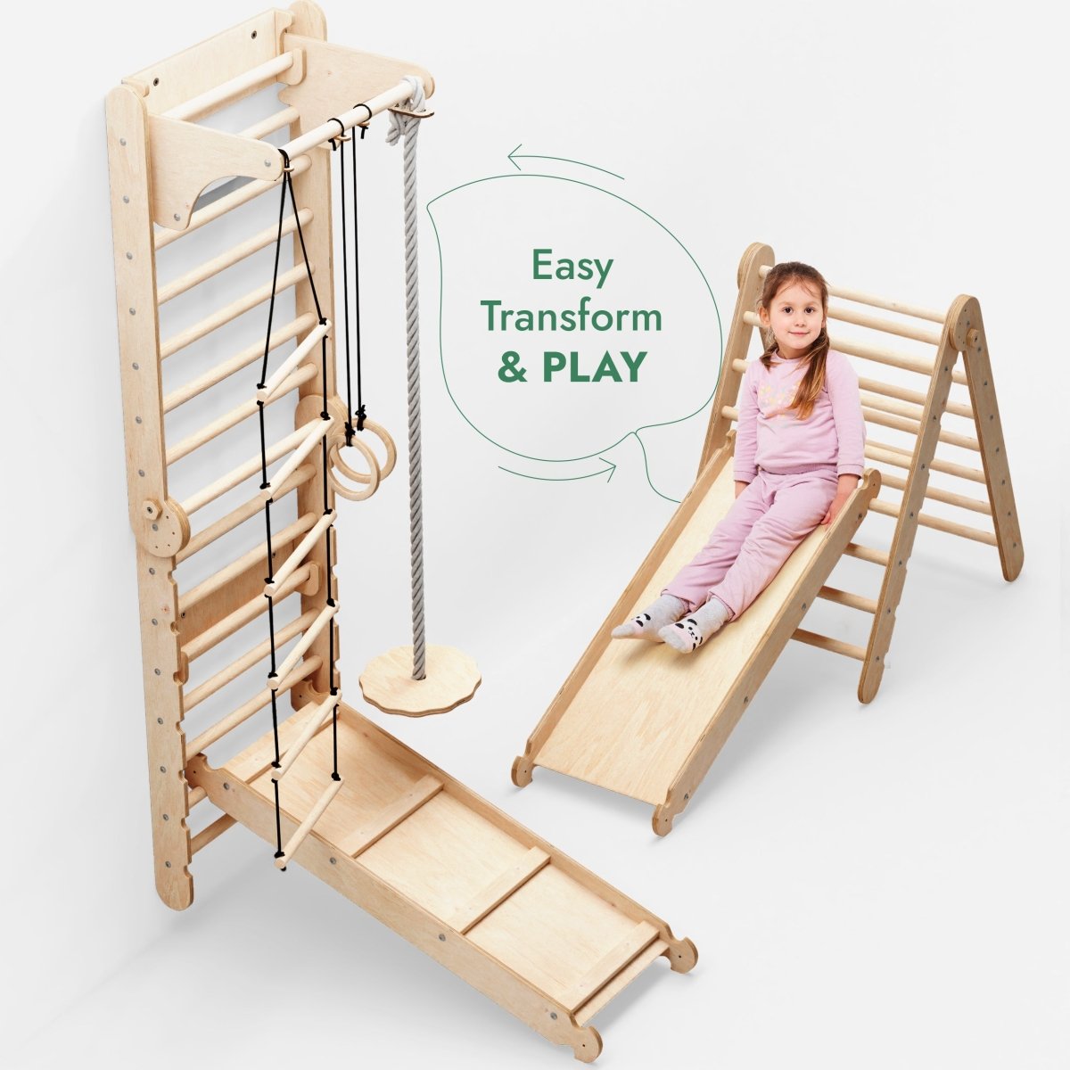 6in1: Wooden Swedish Wall / Climbing ladder for Children + Swing Set + Slide Board - SKU: 3IN1SWCSB-CA