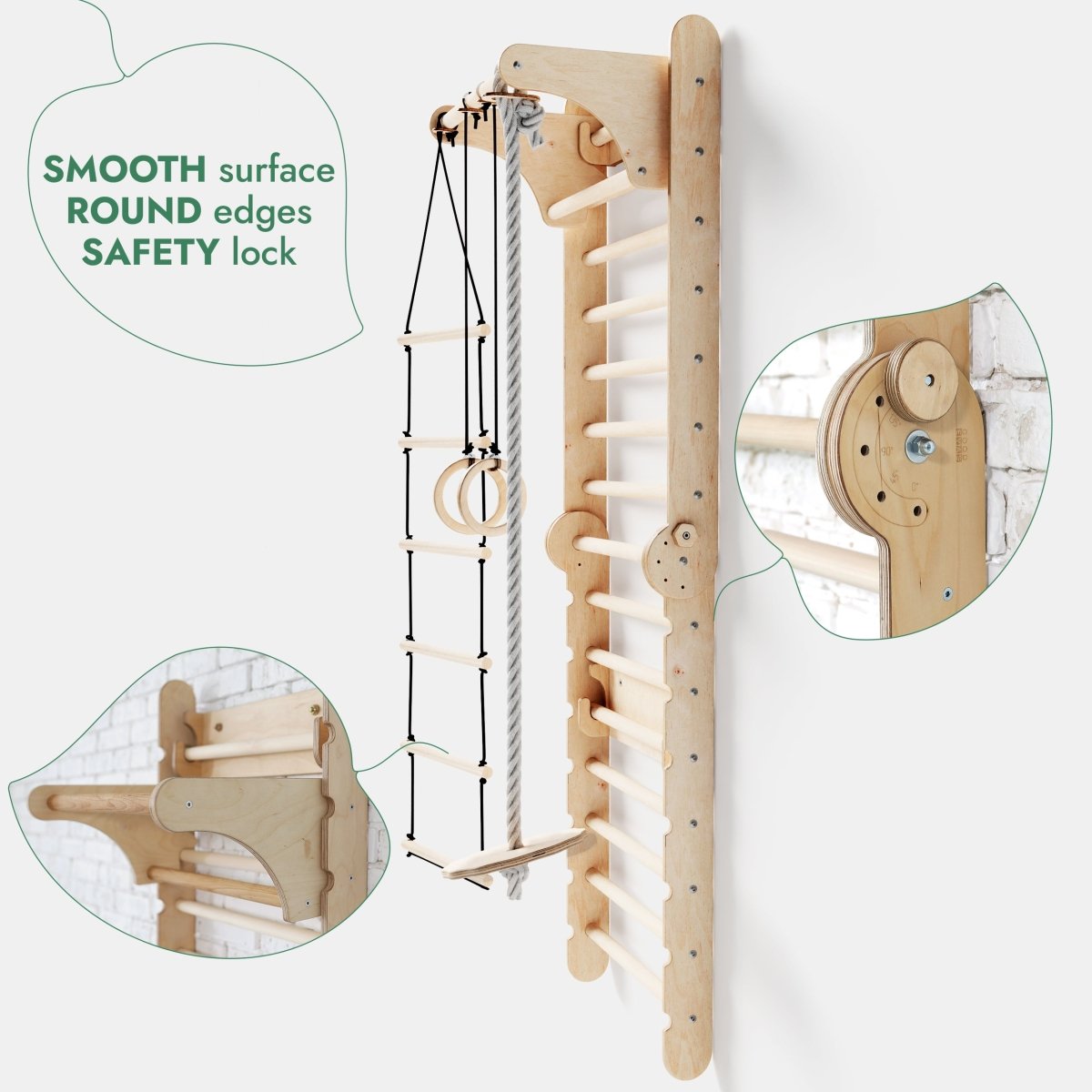 6in1: Wooden Swedish Wall / Climbing ladder for Children + Swing Set + Slide Board - SKU: 3IN1SWCSB-CA
