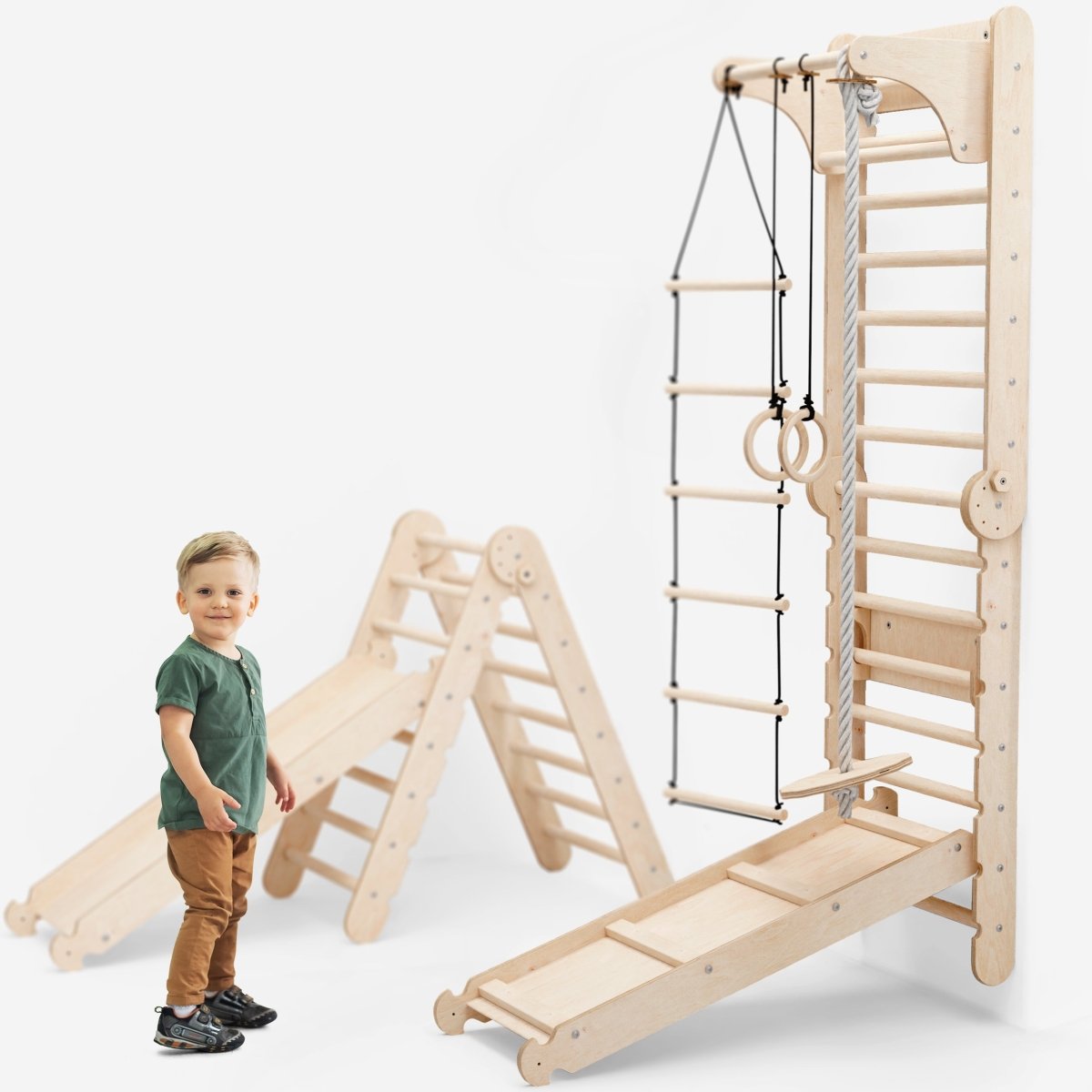 6in1: Wooden Swedish Wall / Climbing ladder for Children + Swing Set + Slide Board - SKU: 3IN1SWCSB-CA