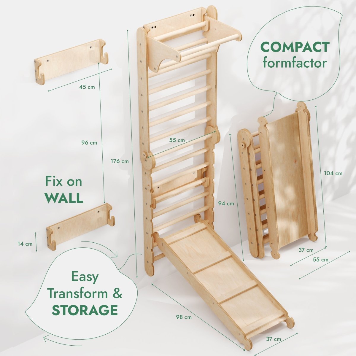 6in1: Wooden Swedish Wall / Climbing ladder for Children + Swing Set + Slide Board - SKU: 3IN1SWCSB-CA