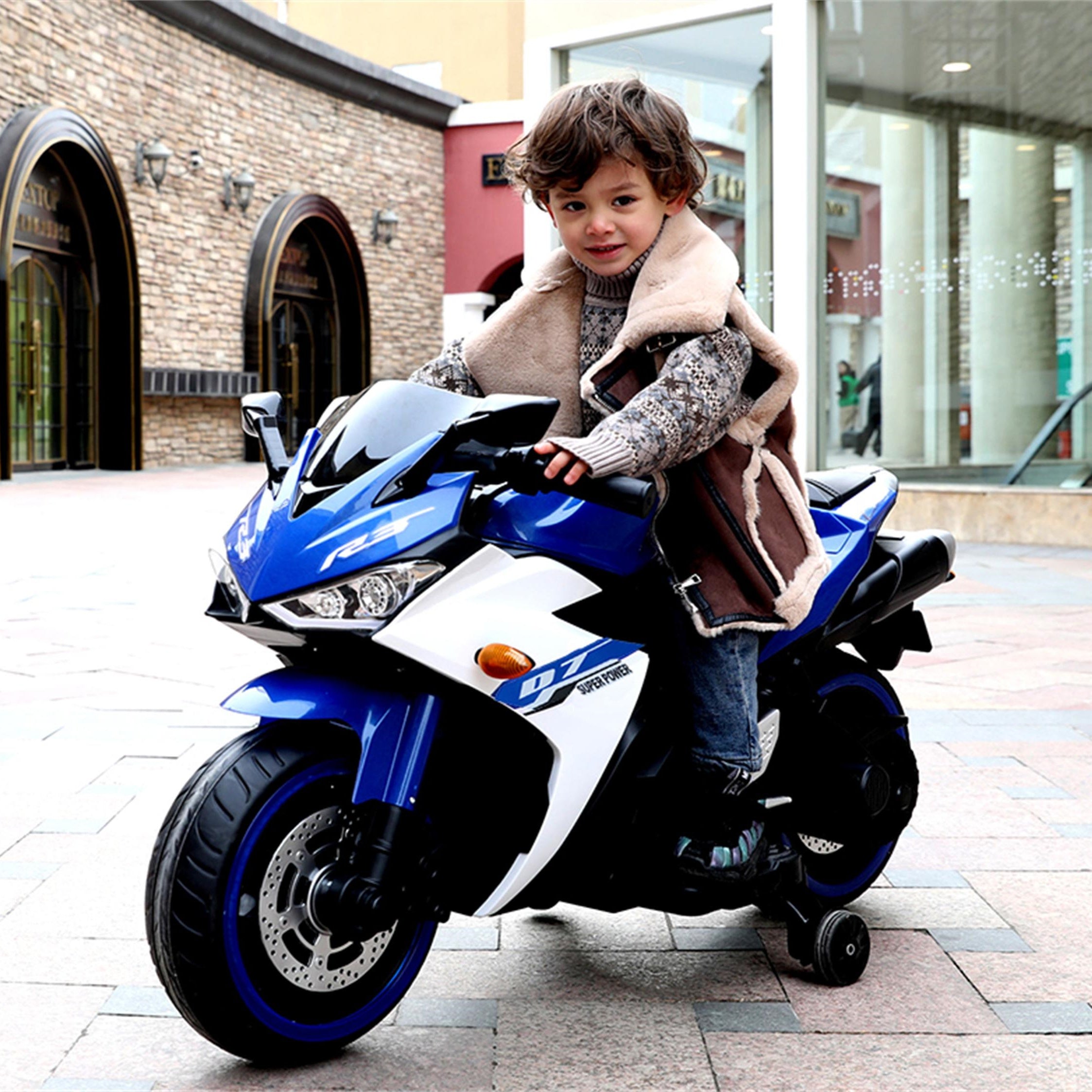 12V Kids Electric Ride-On Motorcycle with Training Wheels and Headlight, Motorbike with MP3 and Light-Up Wheels, 46" L x 20" W x 26" H - Blue