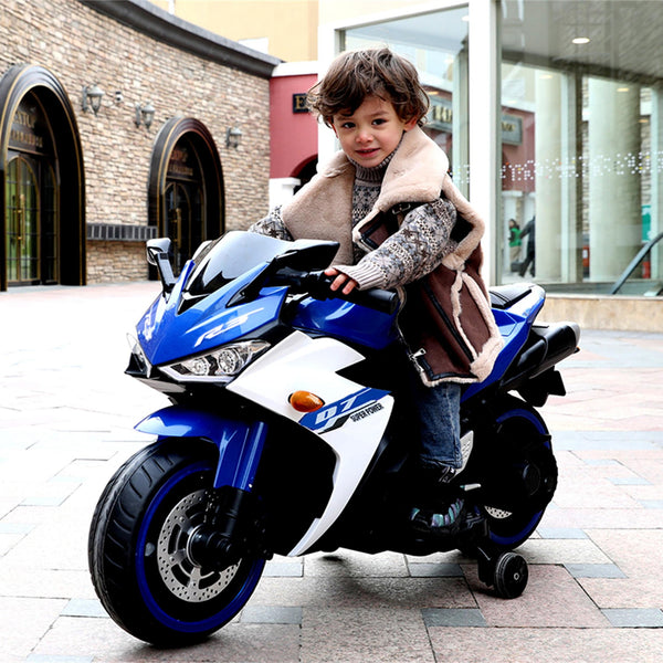 12V Kids Electric Ride-On Motorcycle with Training Wheels and Headlight, Motorbike with MP3 and Light-Up Wheels, 46" L x 20" W x 26" H - Blue