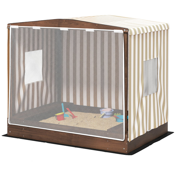 Qaba Kids Wooden Sandbox with Canopy Fully Covered, 2 Bench Seats, Bottom Liner, 56" x 40" x 52"