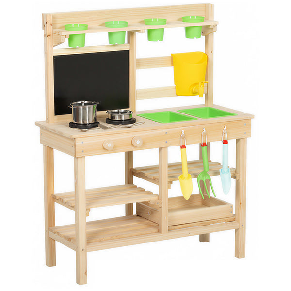 Qaba Kids Mud Kitchen, Outdoor Wooden Play Kitchen with Kitchenware & Garden Tools, Pretend Play Outdoor Toys