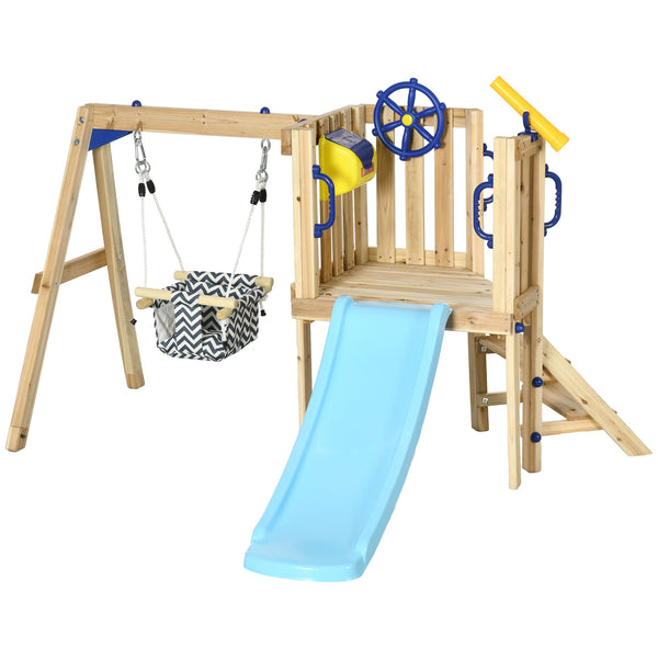 Outsunny Swing Set for Backyard, Wooden Toddler Outdoor Playset with Baby Swing Seat, Kids Slide, Fort, Playground Equipment with Captain's Wheel, Telescope for Ages 1.5-4