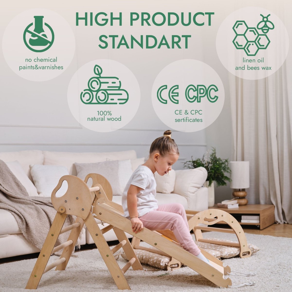 4in1 Montessori Climbing: Pikler Triangle + Arch + Slide Board + Cushion for Toddlers (1–3 Years) - Ivory - SKU: 4in1Set-Mini-White-CA