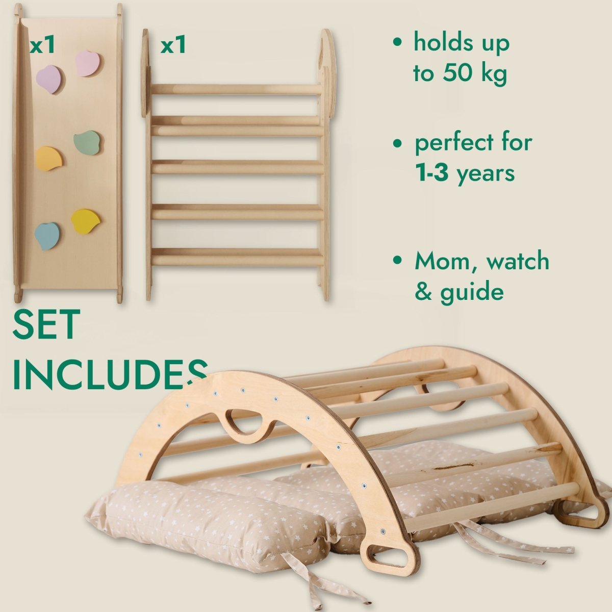 4in1 Montessori Climbing: Pikler Triangle + Arch + Slide Board + Cushion for Toddlers (1–3 Years) - Ivory - SKU: 4in1Set-Mini-White-CA