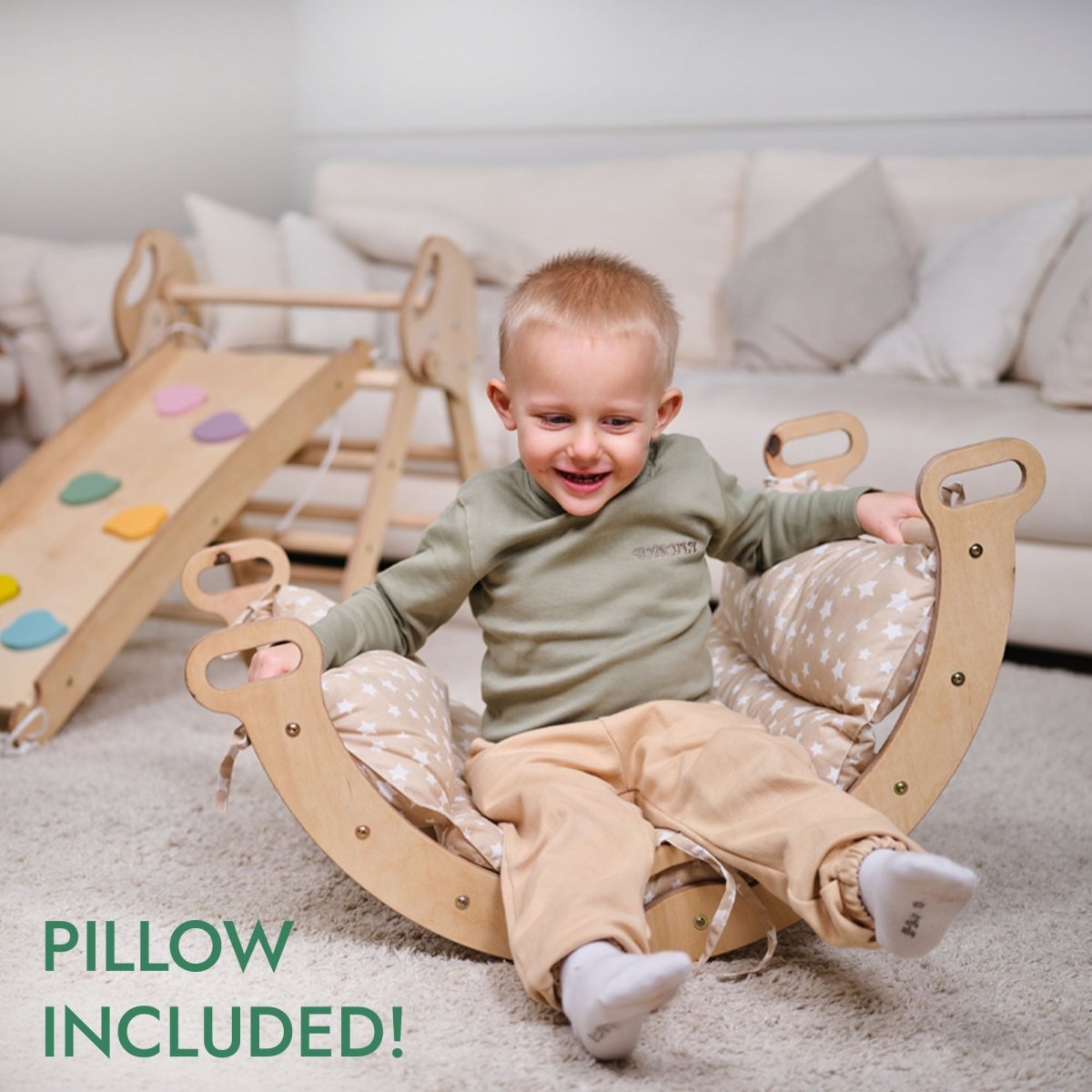 4in1 Montessori Climbing: Pikler Triangle + Arch + Slide Board + Cushion for Toddlers (1–3 Years) - Ivory - SKU: 4in1Set-Mini-White-CA