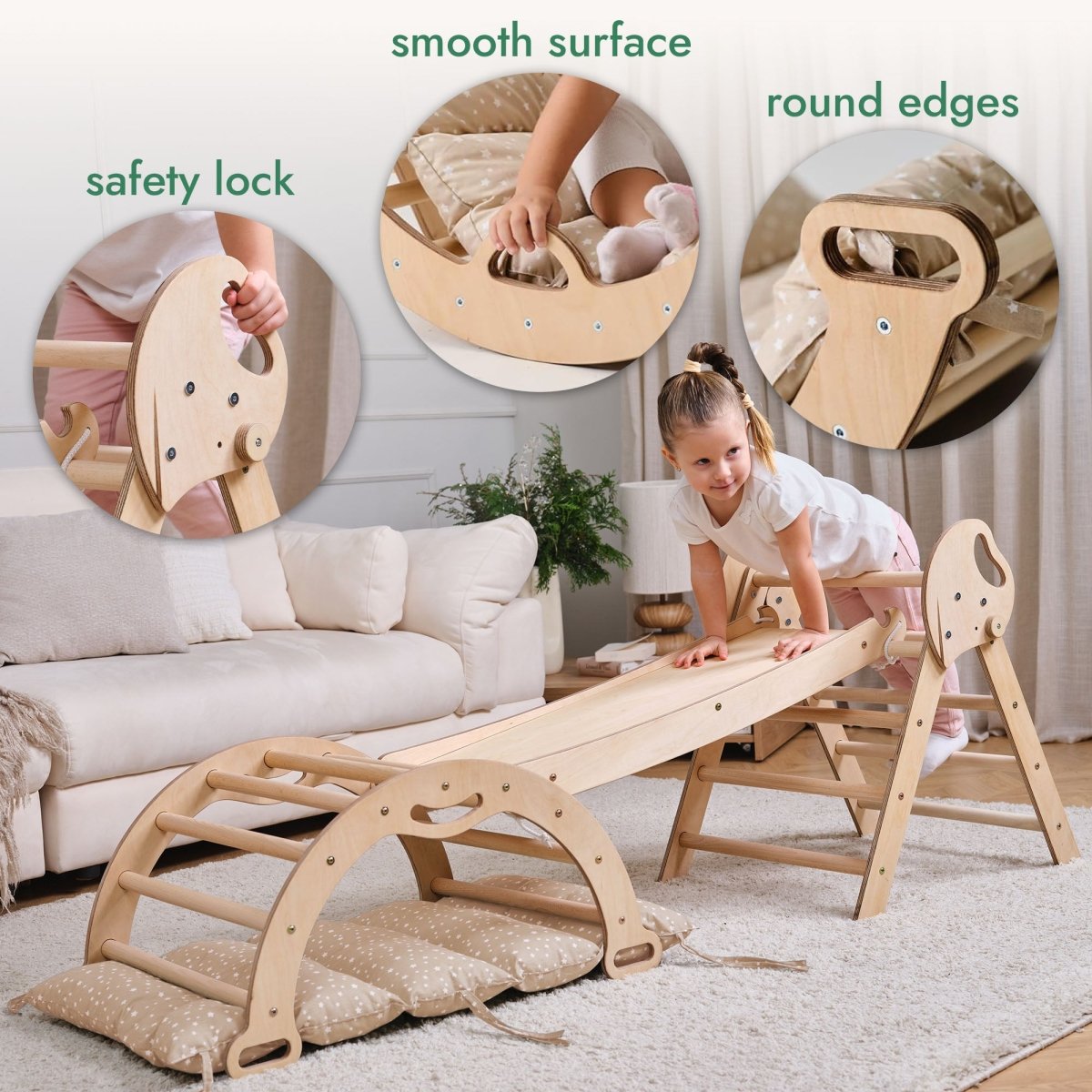 4in1 Montessori Climbing: Pikler Triangle + Arch + Slide Board + Cushion for Toddlers (1–3 Years) - Ivory - SKU: 4in1Set-Mini-White-CA