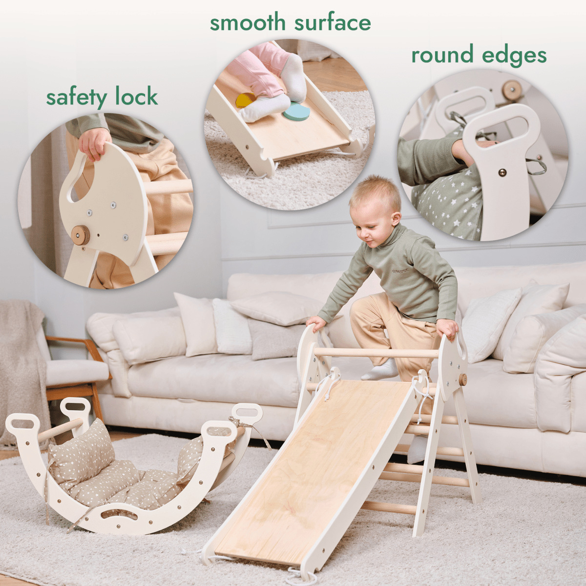 4in1 Montessori Climbing: Pikler Triangle + Arch + Slide Board + Cushion for Toddlers (1–3 Years) - Ivory - SKU: 4in1Set-Mini-White-CA