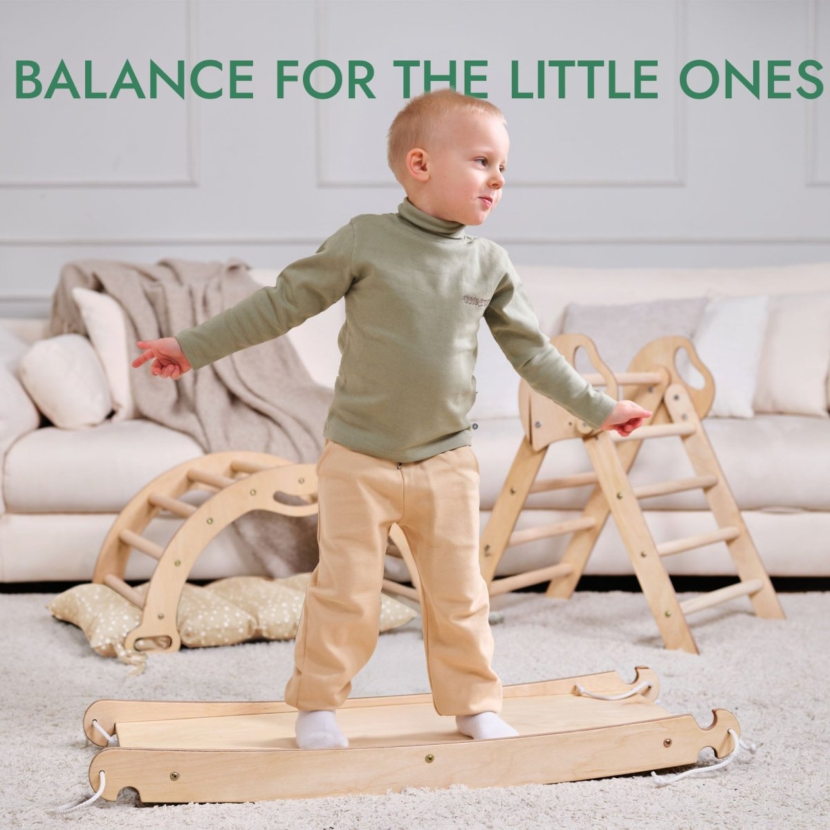 4in1 Montessori Climbing: Pikler Triangle + Arch + Slide Board + Cushion for Toddlers (1–3 Years) - Ivory - SKU: 4in1Set-Mini-White-CA