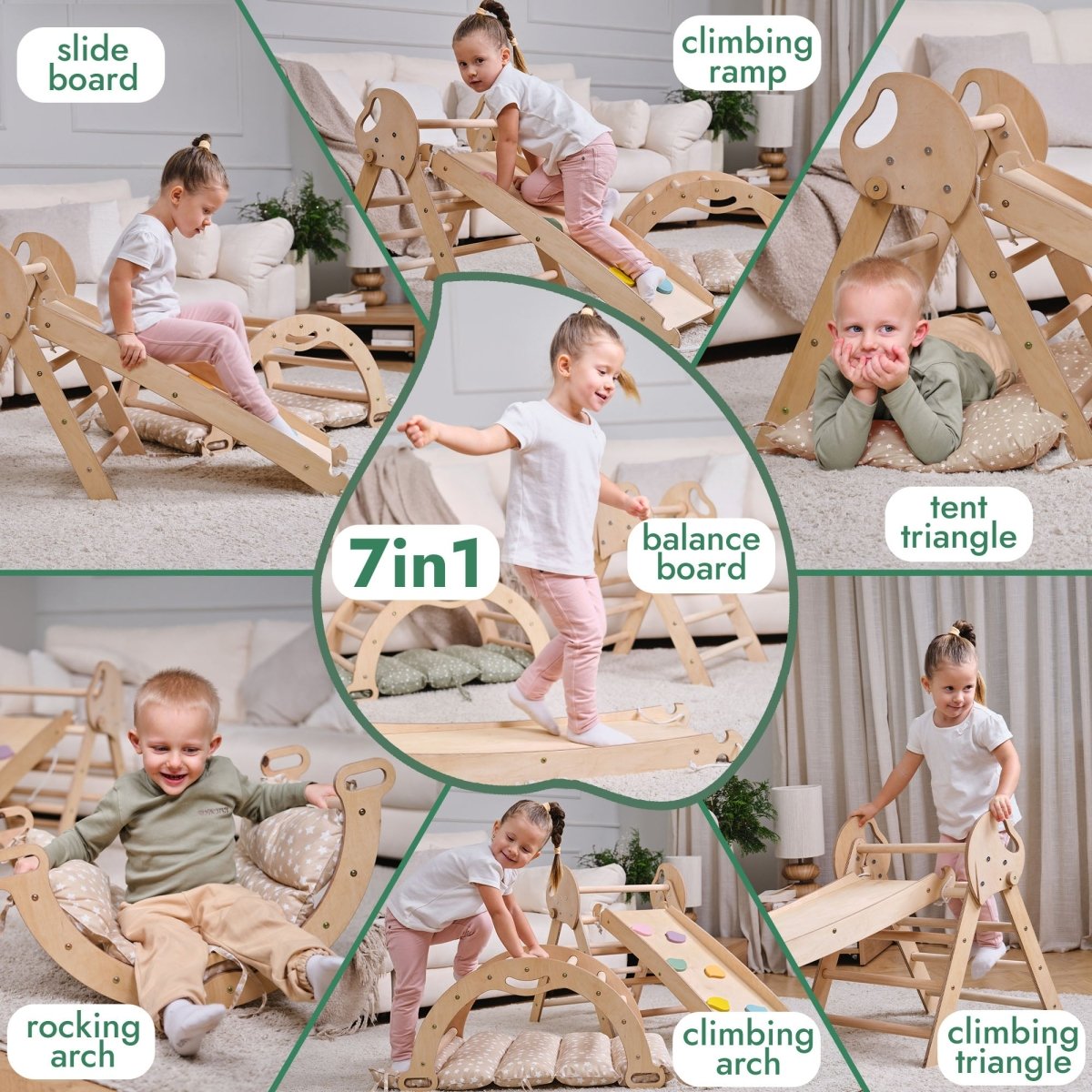4in1 Montessori Climbing: Pikler Triangle + Arch + Slide Board + Cushion for Toddlers (1–3 Years) - Ivory - SKU: 4in1Set-Mini-White-CA