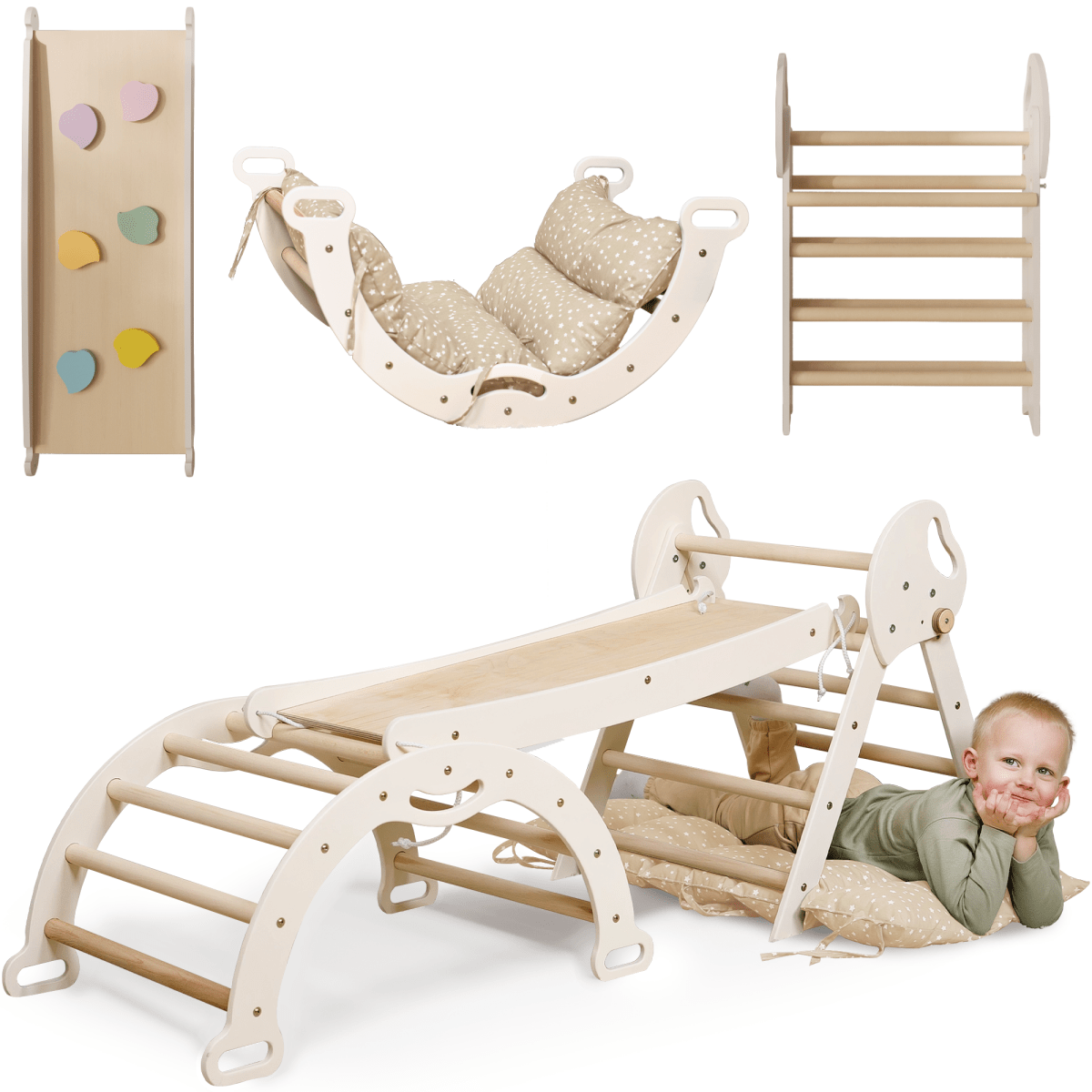 4in1 Montessori Climbing: Pikler Triangle + Arch + Slide Board + Cushion for Toddlers (1–3 Years) - Ivory - SKU: 4in1Set-Mini-White-CA