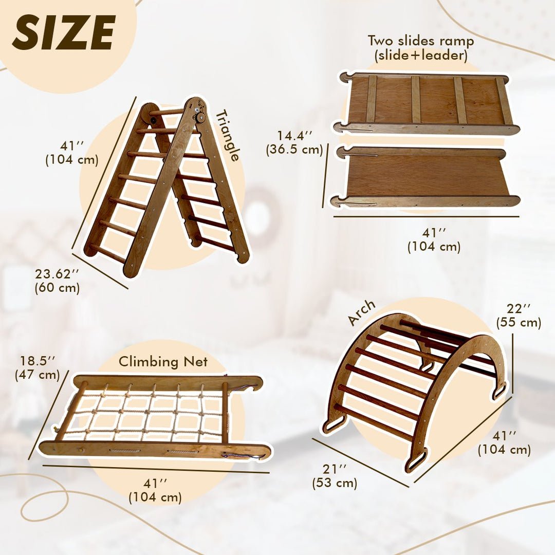 4in1 Montessori Climbing Set: Triangle Ladder + Arch/Rocker + Slide Board/Ramp + Net – Chocolate - SKU: 4IN1CS-CHO-NEW-CA