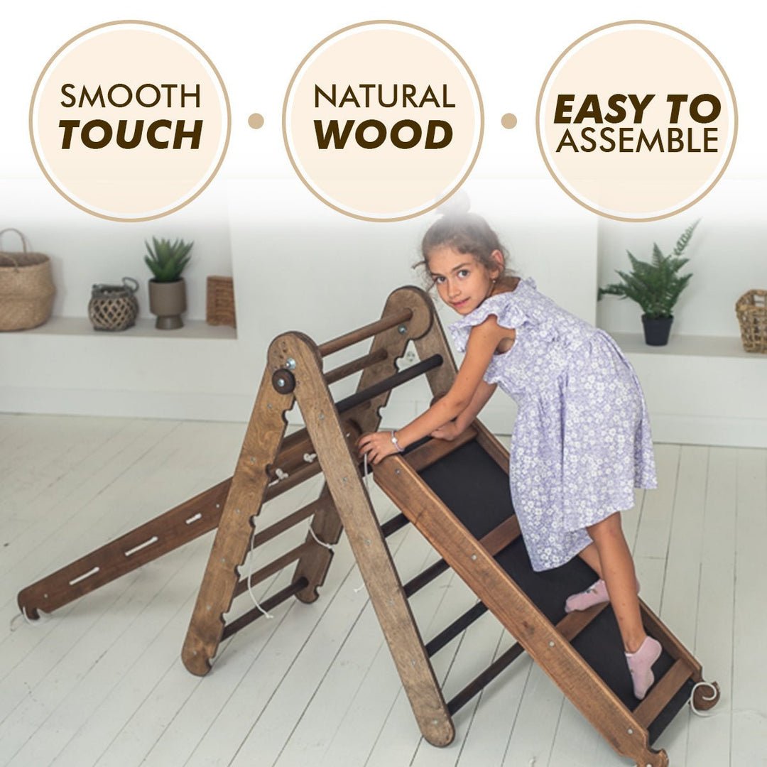 4in1 Montessori Climbing Set: Triangle Ladder + Arch/Rocker + Slide Board/Ramp + Net – Chocolate - SKU: 4IN1CS-CHO-NEW-CA