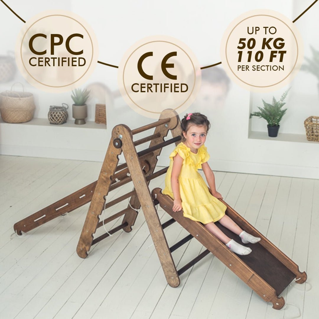 4in1 Montessori Climbing Set: Triangle Ladder + Arch/Rocker + Slide Board/Ramp + Net – Chocolate - SKU: 4IN1CS-CHO-NEW-CA