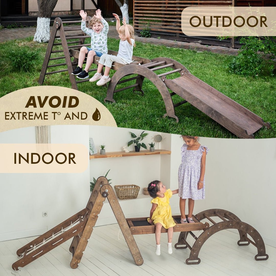 4in1 Montessori Climbing Set: Triangle Ladder + Arch/Rocker + Slide Board/Ramp + Net – Chocolate - SKU: 4IN1CS-CHO-NEW-CA