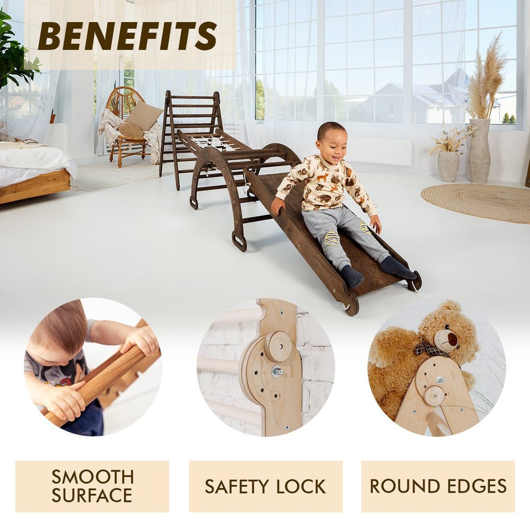4in1 Montessori Climbing Set: Triangle Ladder + Arch/Rocker + Slide Board/Ramp + Net – Chocolate - SKU: 4IN1CS-CHO-NEW-CA