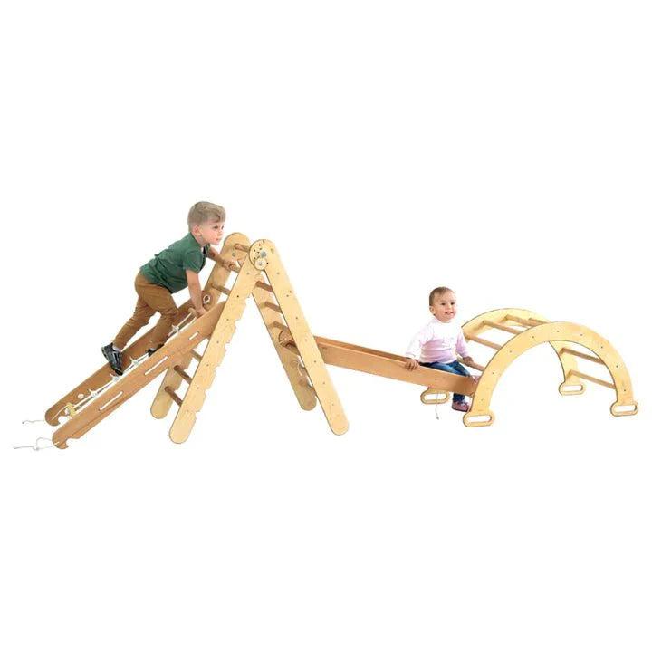 4in1 Montessori Climbing Set: Triangle Ladder + Arch/Rocker + Slide Board/Ramp + Net – Chocolate - SKU: 4IN1CS-CHO-NEW-CA