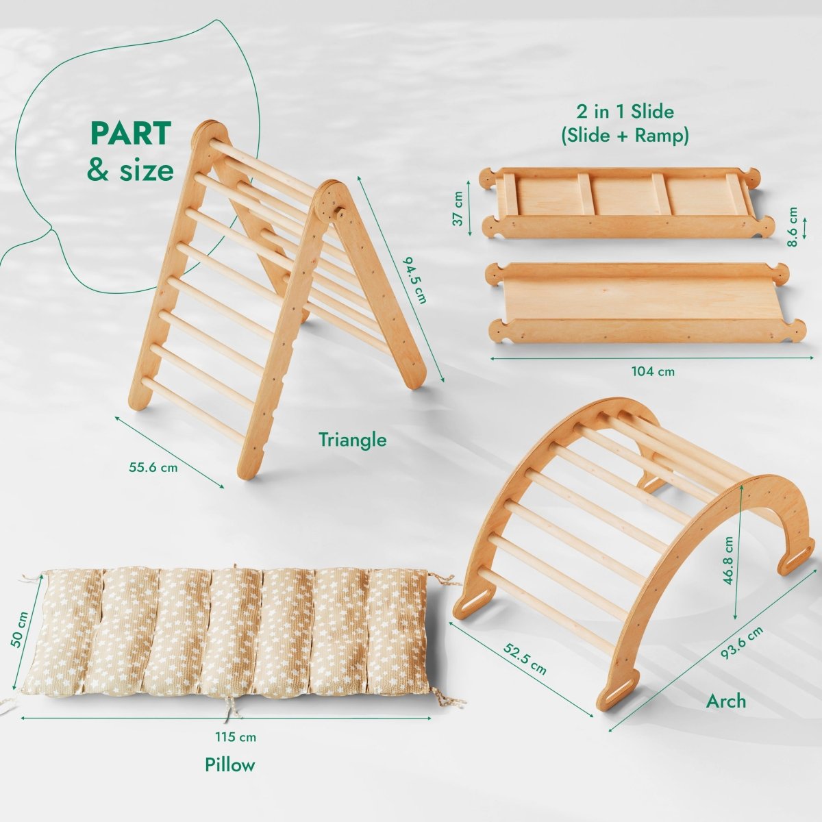4in1 Montessori Climbing Set: Triangle Ladder + Climbing Arch + Slide Board + Cushion Beige - SKU: 4MCS-TRIA-BEI-CA