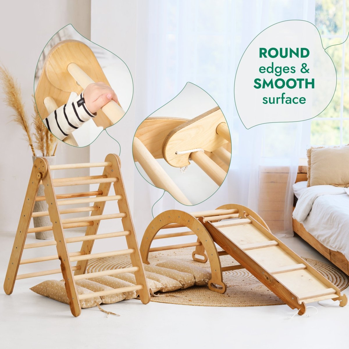 4in1 Montessori Climbing Set: Triangle Ladder + Climbing Arch + Slide Board + Cushion Beige - SKU: 4MCS-TRIA-BEI-CA
