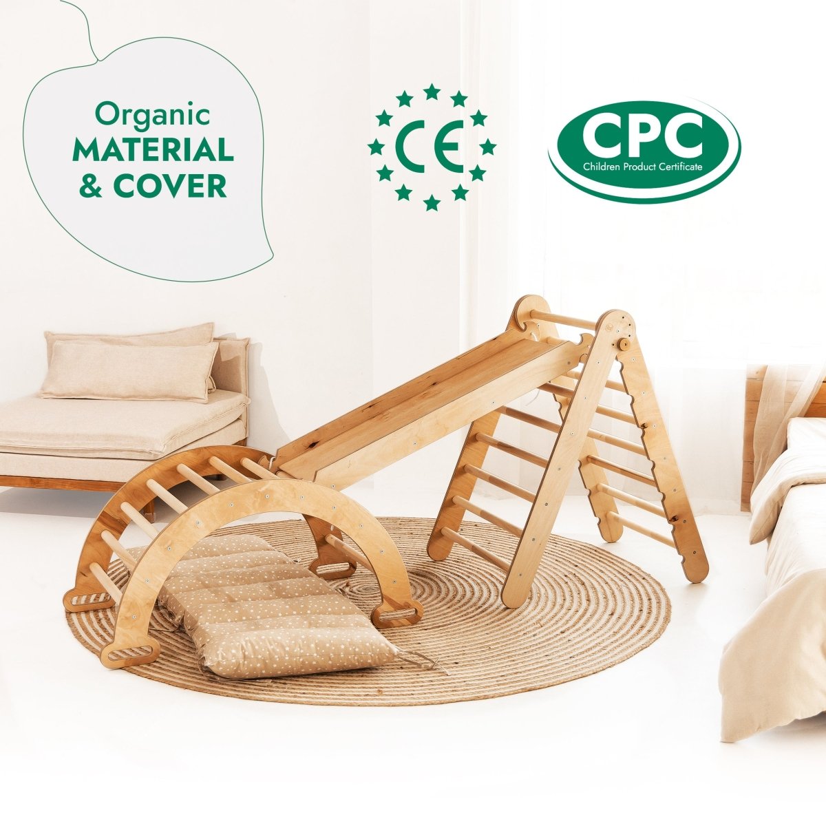 4in1 Montessori Climbing Set: Triangle Ladder + Climbing Arch + Slide Board + Cushion Beige - SKU: 4MCS-TRIA-BEI-CA