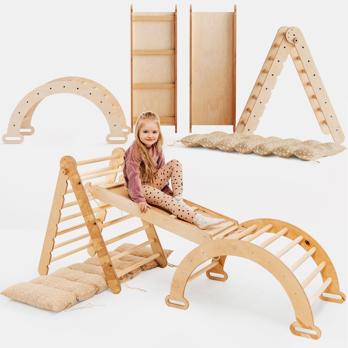 4in1 Montessori Climbing Set: Triangle Ladder + Climbing Arch + Slide Board + Cushion Beige - SKU: 4MCS-TRIA-BEI-CA