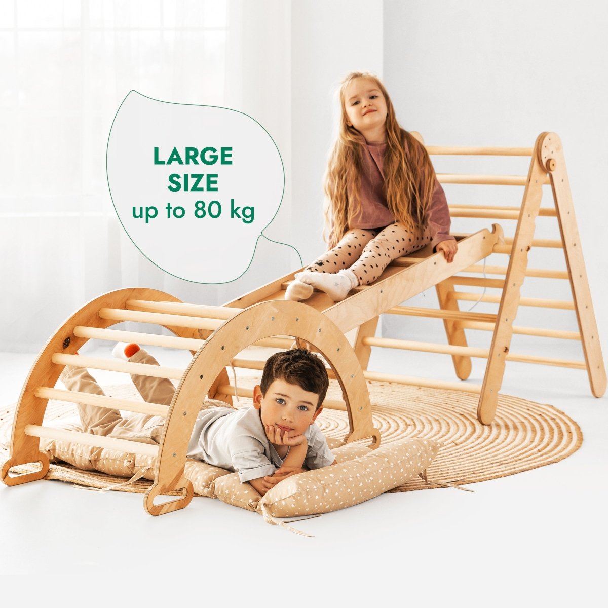 4in1 Montessori Climbing Set: Triangle Ladder + Climbing Arch + Slide Board + Cushion Beige - SKU: 4MCS-TRIA-BEI-CA