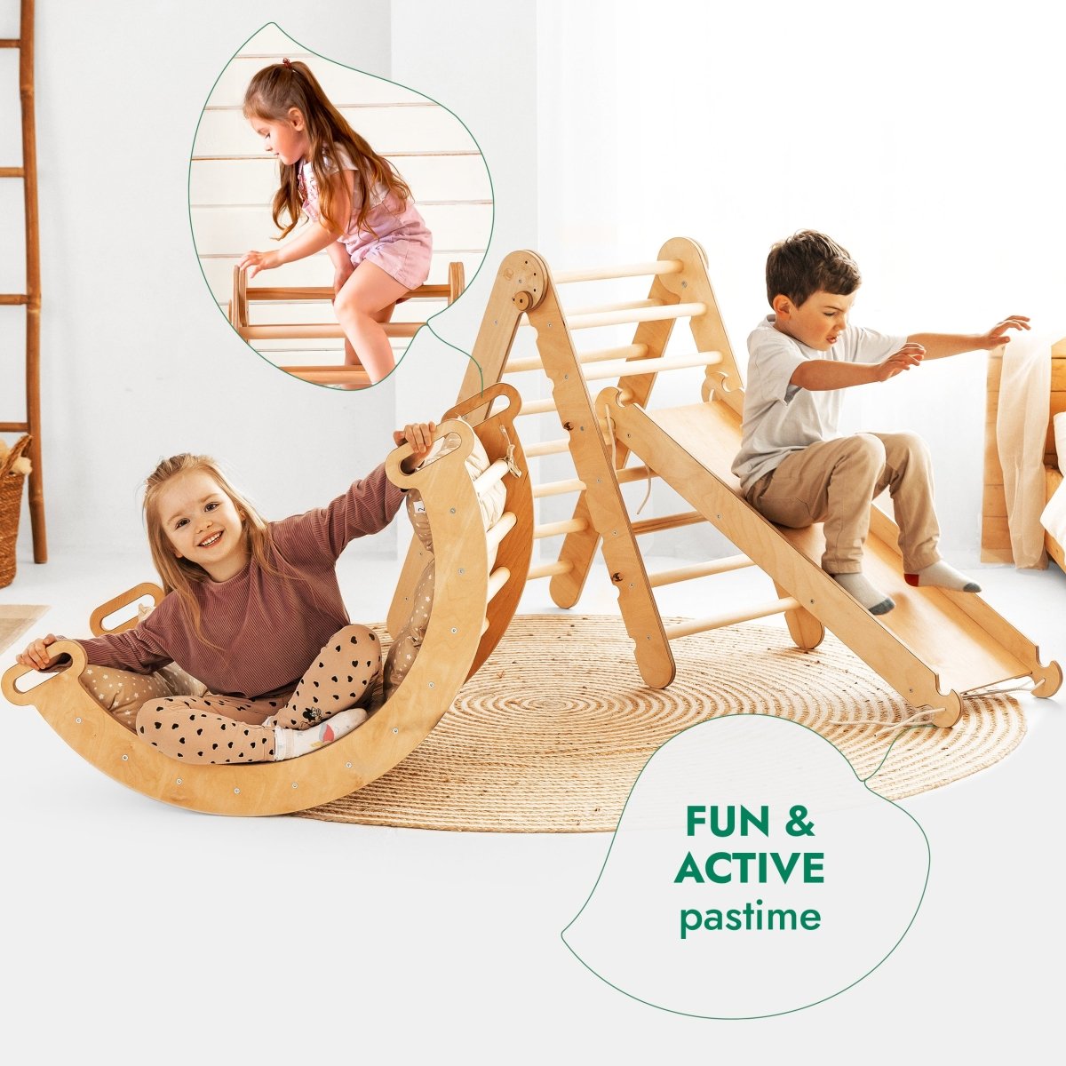 4in1 Montessori Climbing Set: Triangle Ladder + Climbing Arch + Slide Board + Cushion Beige - SKU: 4MCS-TRIA-BEI-CA