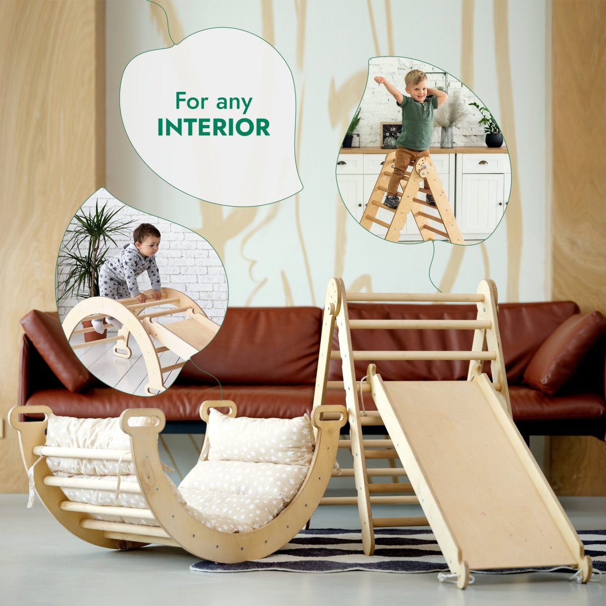 4in1 Montessori Climbing Set: Triangle Ladder + Climbing Arch + Slide Board + Cushion Beige - SKU: 4MCS-TRIA-BEI-CA