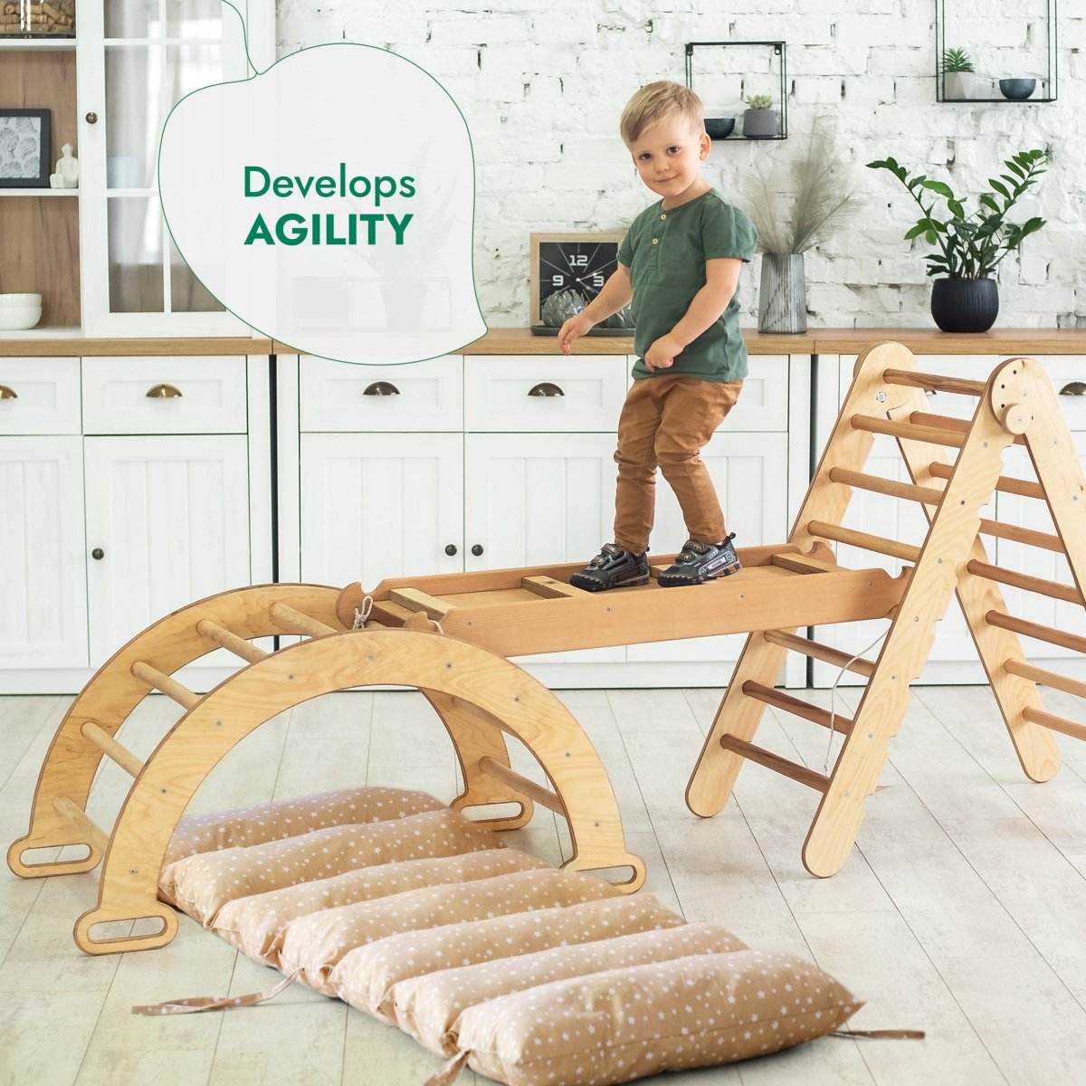4in1 Montessori Climbing Set: Triangle Ladder + Climbing Arch + Slide Board + Cushion Beige - SKU: 4MCS-TRIA-BEI-CA