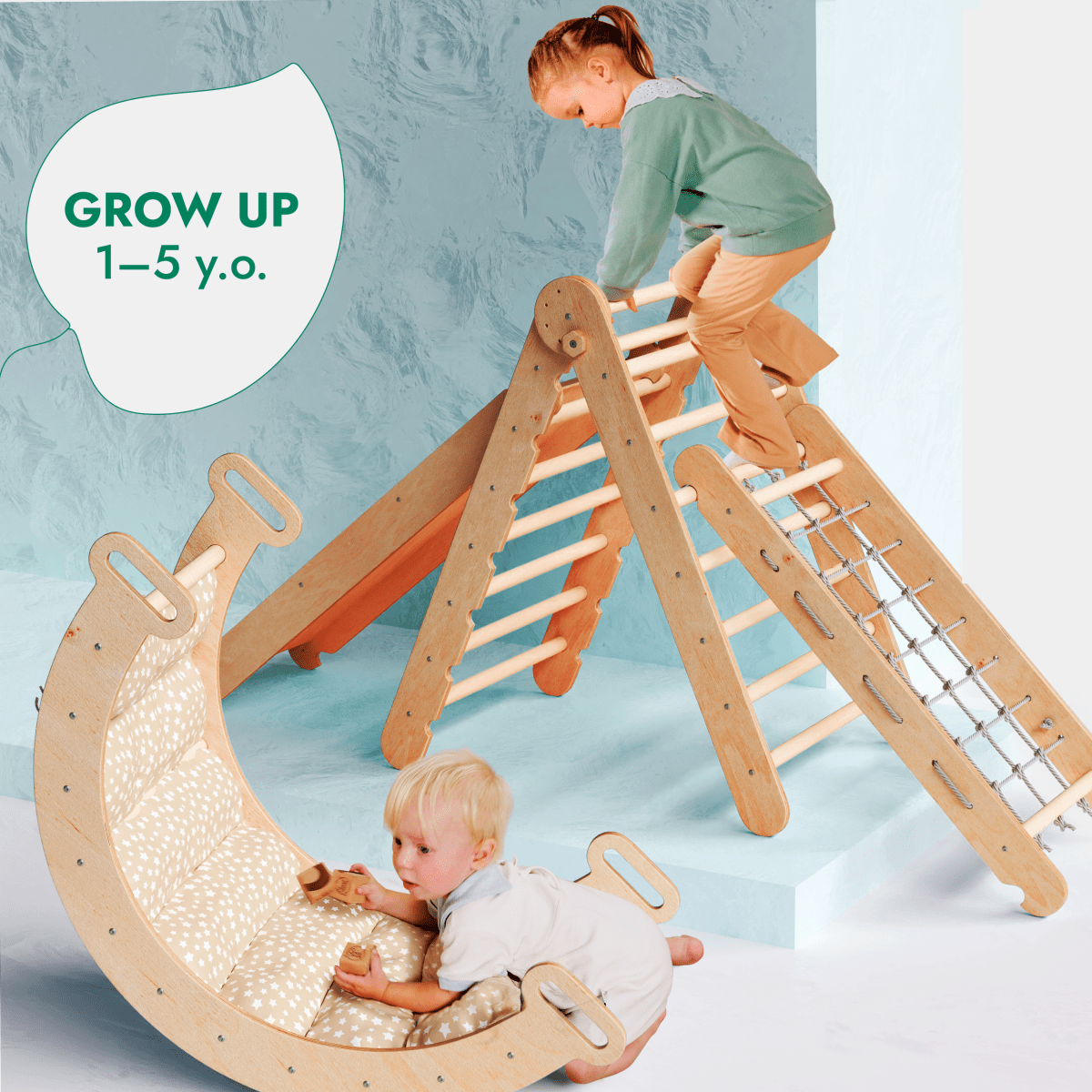 5in1 Montessori Climbing Frame Set: Triangle Ladder + Arch/Rocker + Slide Board/Ramp + Netting rope + Cushion - SKU: 5MCS-TRIA-NET-CUSH-CA