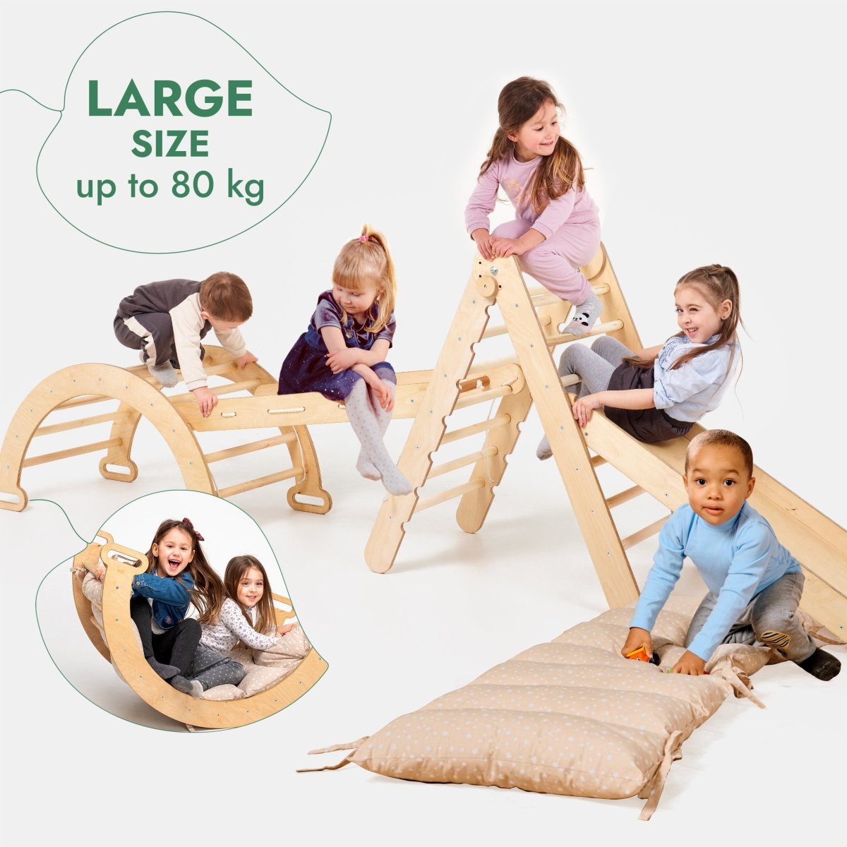 5in1 Montessori Climbing Frame Set: Triangle Ladder + Arch/Rocker + Slide Board/Ramp + Netting rope + Cushion - SKU: 5MCS-TRIA-NET-CUSH-CA