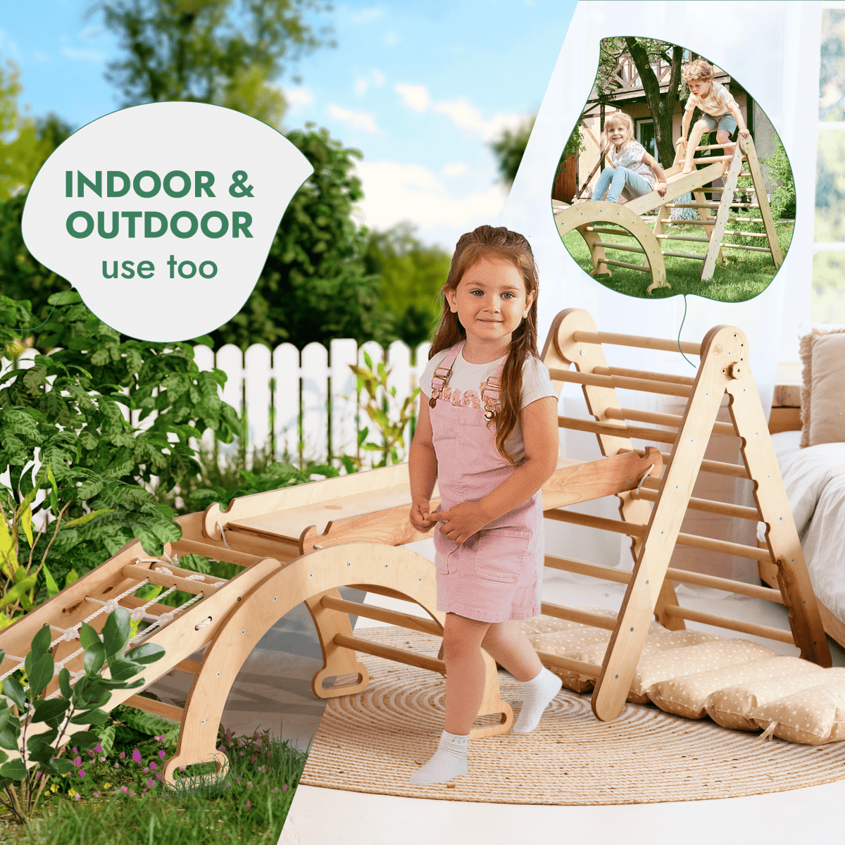 5in1 Montessori Climbing Frame Set: Triangle Ladder + Arch/Rocker + Slide Board/Ramp + Netting rope + Cushion - SKU: 5MCS-TRIA-NET-CUSH-CA