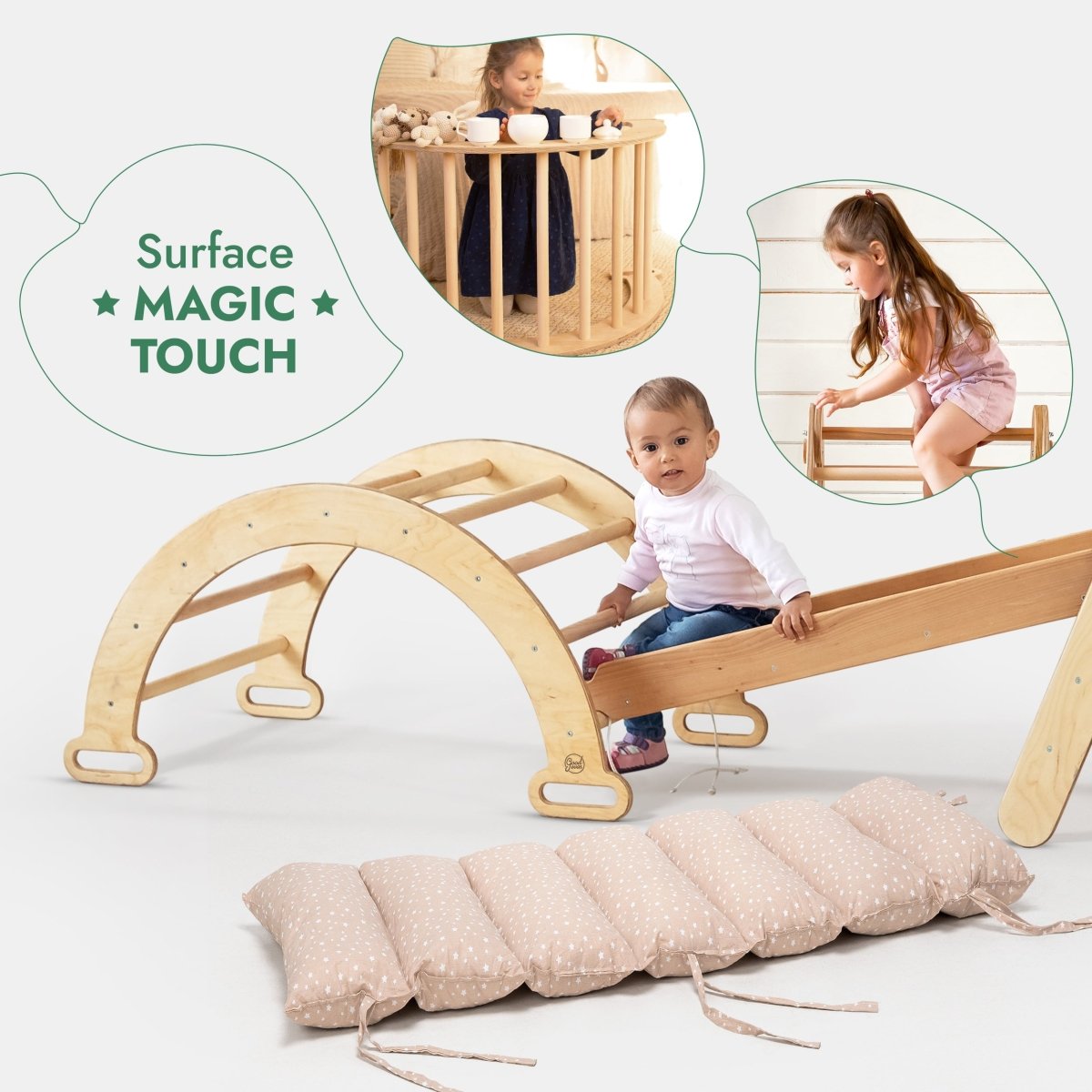 5in1 Montessori Climbing Frame Set: Triangle Ladder + Arch/Rocker + Slide Board/Ramp + Netting rope + Cushion - SKU: 5MCS-TRIA-NET-CUSH-CA